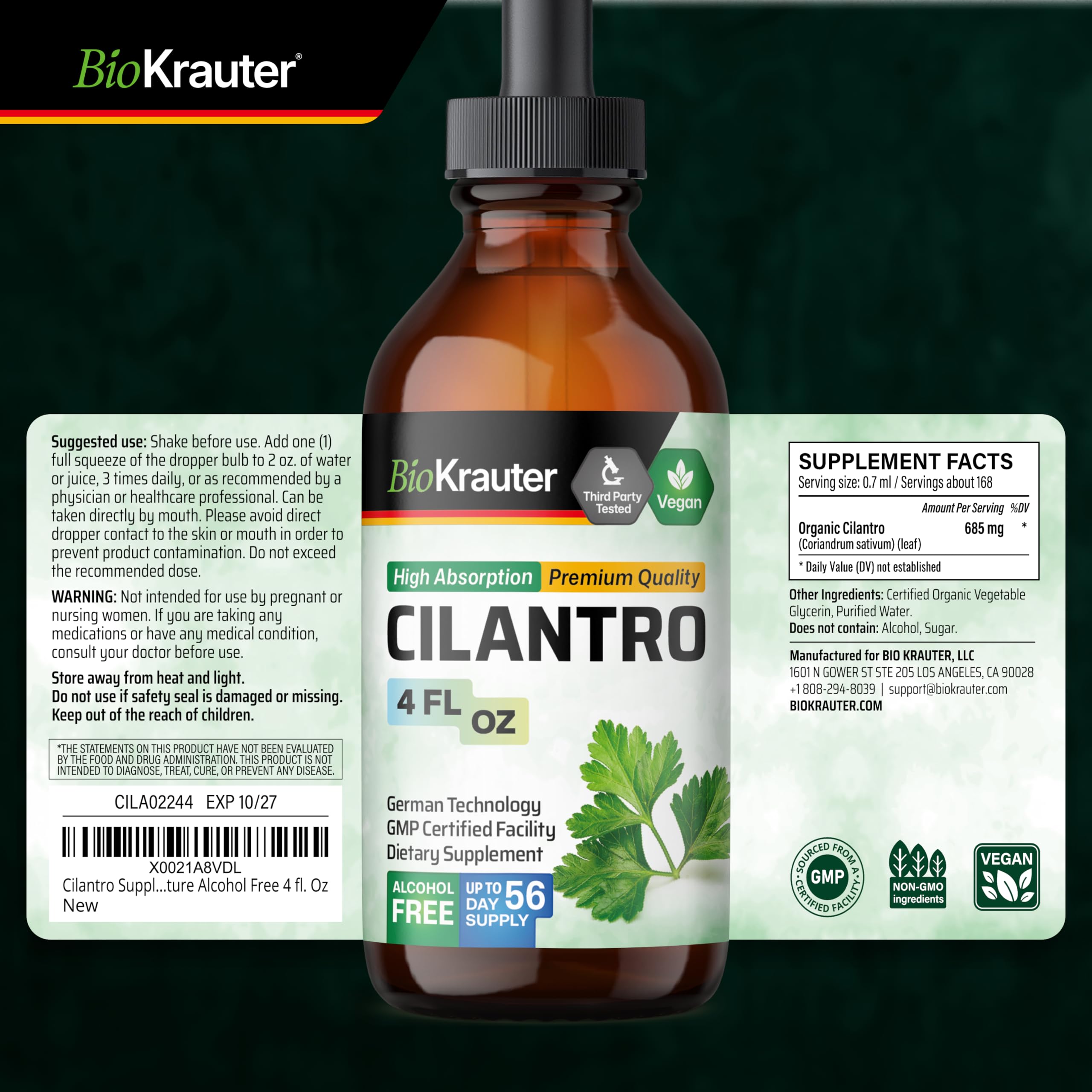 BIO KRAUTER® Cilantro for Detox Cleanse - Vegan Antioxidant Supplement, Natural Cilantro Tincture 650 mg per Serving - Liquid Coriander Leaf Supplement, Alcohol & Sugar Free, 4 Fl.Oz 56-Day Supply