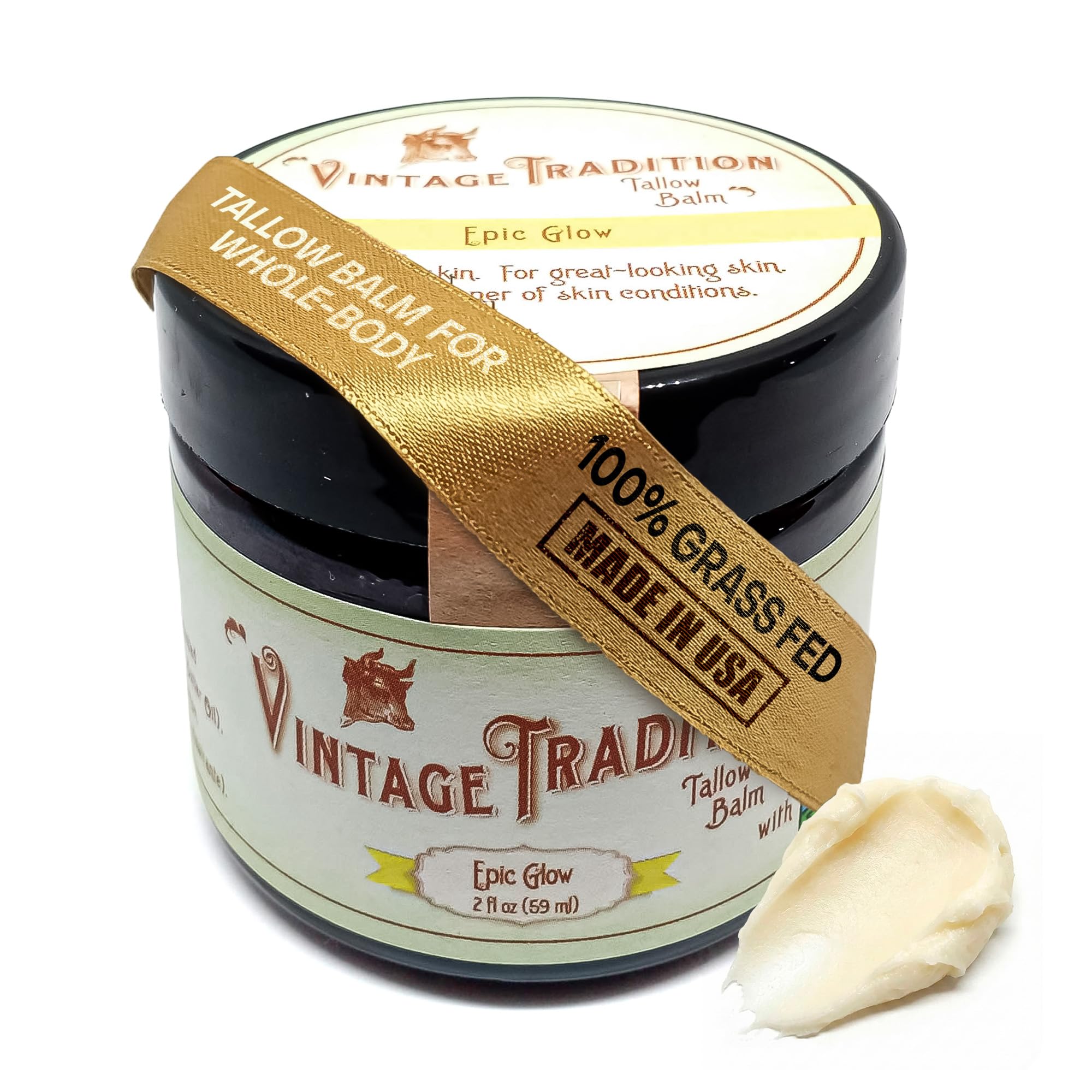 Vintage Tradition Epic Glow The Original Beef Tallow Balm for Skin, Mellow, Light Scent, Smooth Moisturizing Tallow Face and Body Balm, glow support and smoother skin, 100% Grass Fed, 2 fl oz