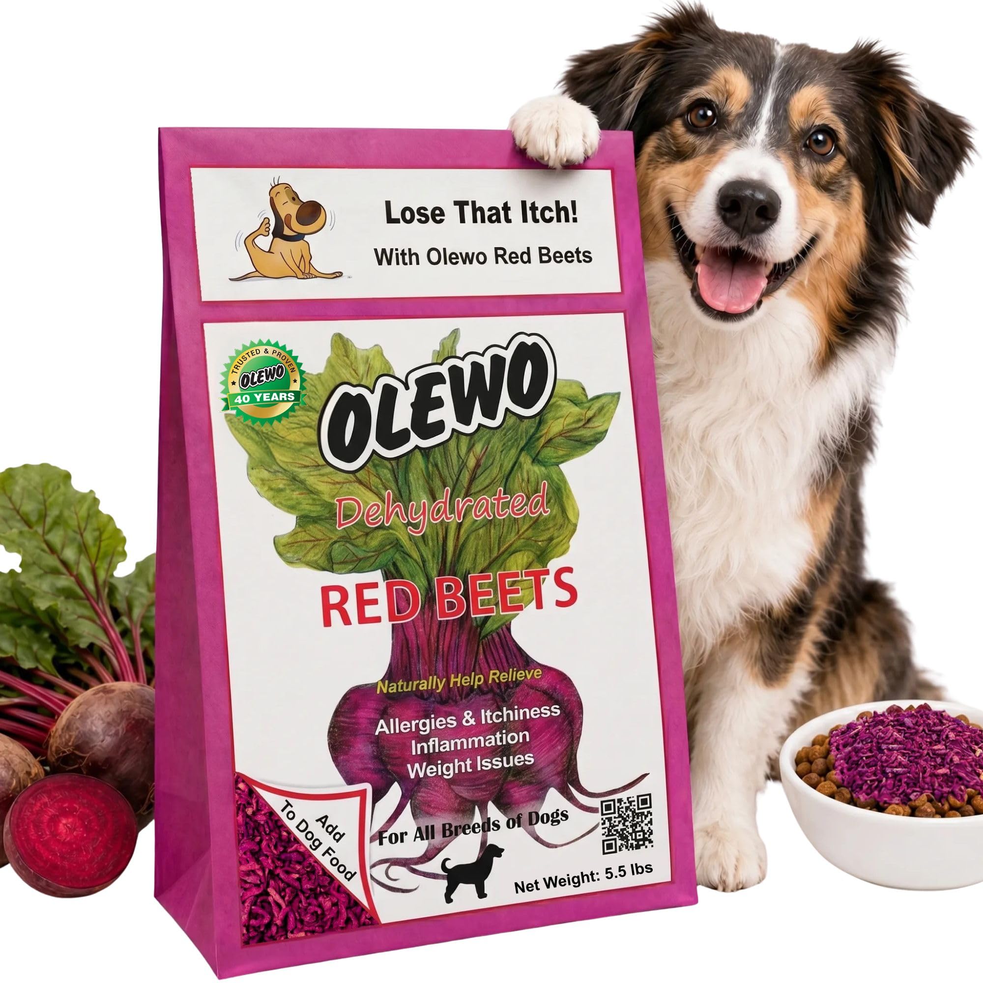 Olewo Original Red Beets for Dogs – Internal Support Dog Food Topper for Skin Sensitivity and Overall Balance, Prebiotic Fiber and Whole Food Nutrients, 5.5 lbs