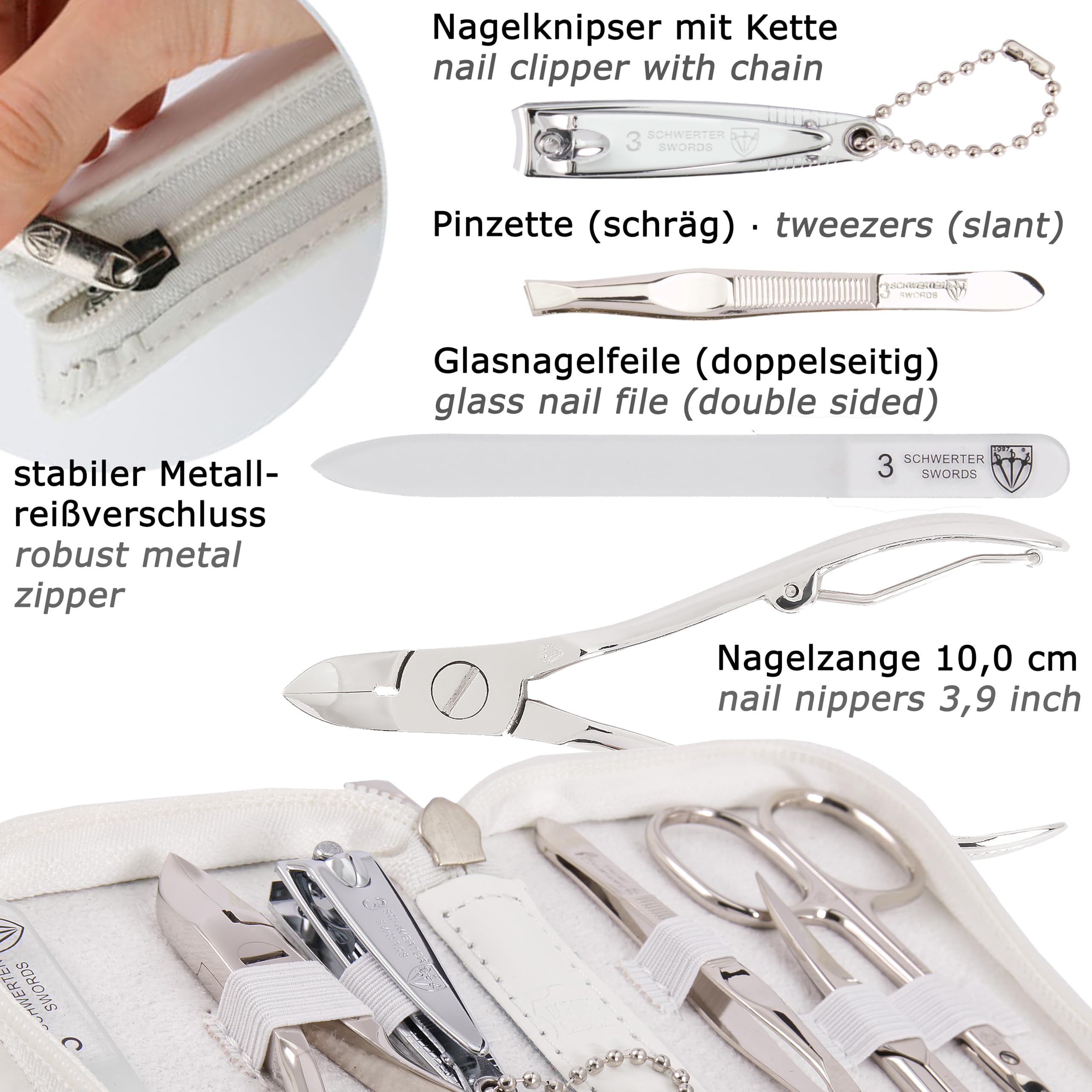 3 Swords Germany - brand quality 6 piece manicure pedicure grooming kit set for professional finger & toe nail care scissors clipper genuine leather case in gift box, Made in Solingen Germany (02266)
