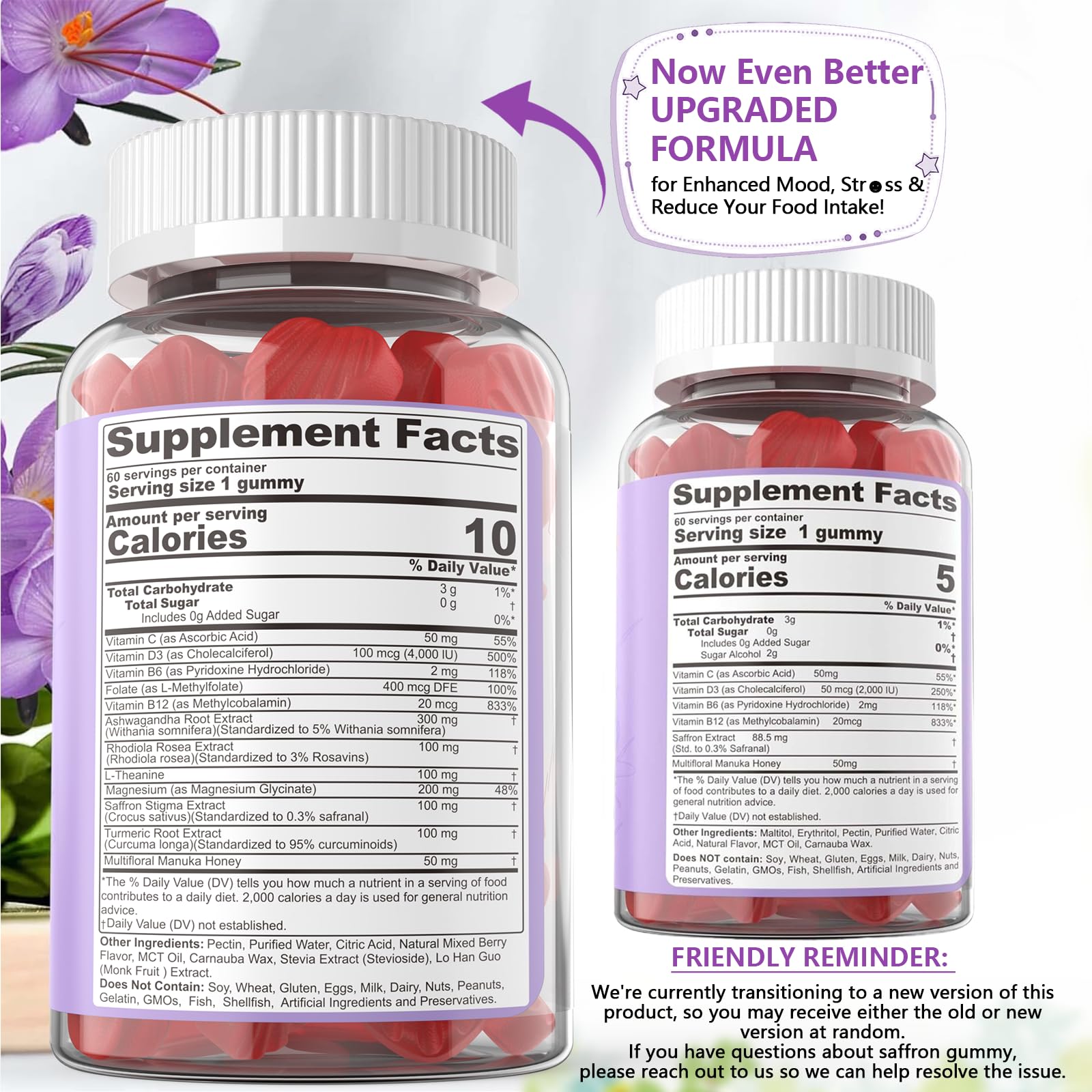 Saffron Supplements Gummies 100mg - 100% Pure Saffron Extract With Magnesium Glycinate, L-Theanine, Turmeric, Ashwagandha, Honey & Vitamin B Complex for Mood & Power, Antioxidant, Vitality - 120 Count