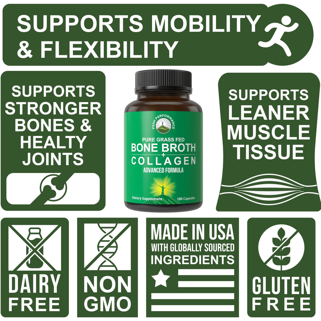 Peak Performance Bone Broth Collagen Capsules - 180 Pills of Grass Fed Bone Broth Collagen Protein Peptides - Contains All 3 Types 1, 2, and 3 - Pure Pasture Raised Paleo Friendly for Women & Men
