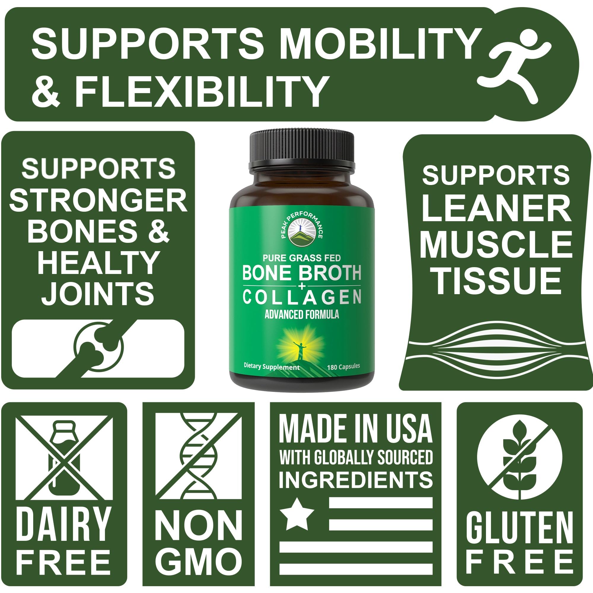 Peak Performance Bone Broth Collagen Capsules - 180 Pills of Grass Fed Bone Broth Collagen Protein Peptides - Contains All 3 Types 1, 2, and 3 - Pure Pasture Raised Paleo Friendly for Women & Men
