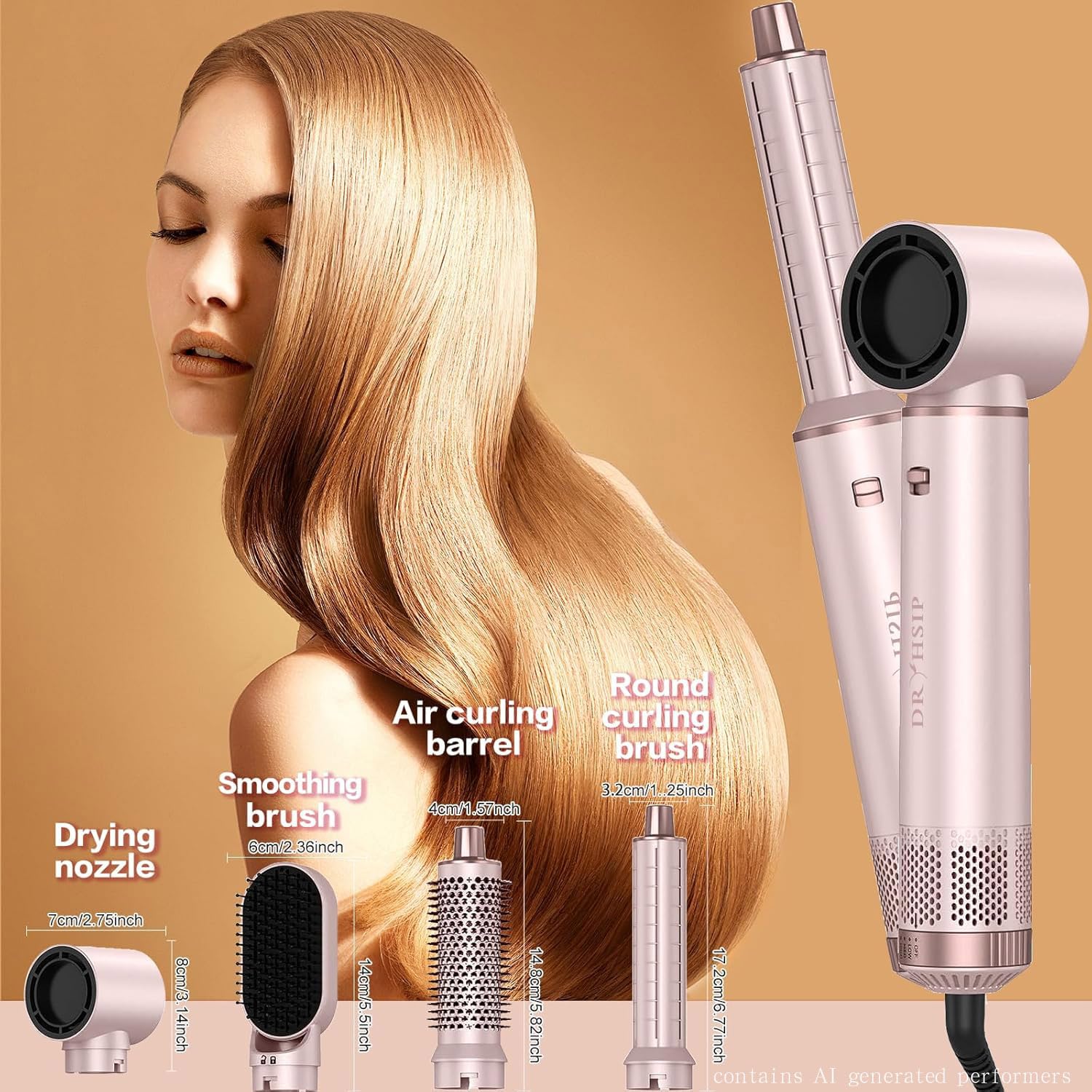 Dryhsip 5 in 1 Hair Styler & Wrap Air Curler, Low-Speed Negative Ionic Hair Tools Drying, Multi Hair Styler, Professional Blow Dryer Brush for Curling Volumizing Straightening Styling (Pink)
