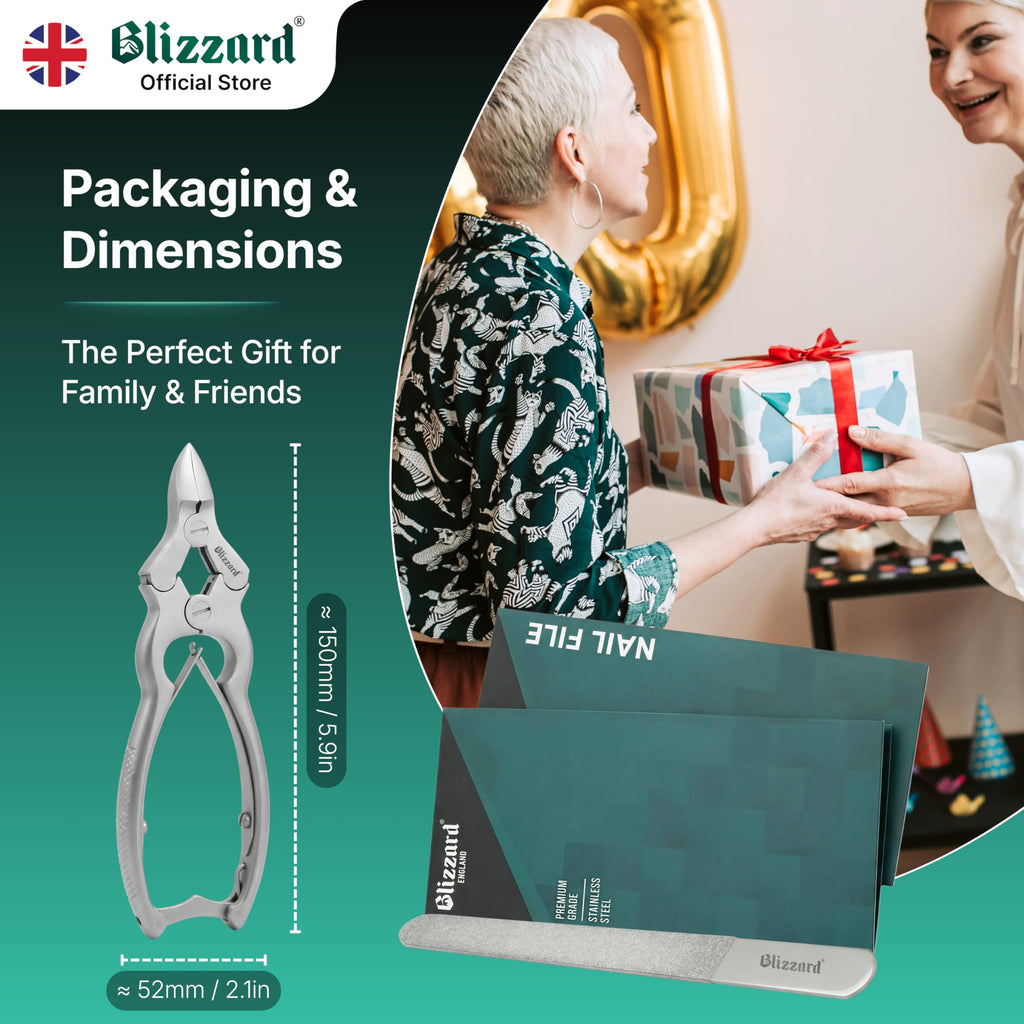 Blizzard Toe Nail Clippers for Thick Nails - Podiatrist Nail Nippers for Seniors - Heavy Duty Cantilever Toenail Clippers for Men - German Steel Podiatry Tool with Toenail File - 15cm Double Spring