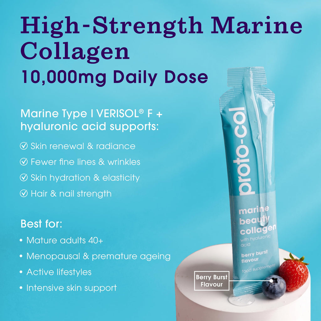 Proto-col Marine Beauty Collagen Liquid Sachets 10,000mg, Marine Collagen Supplement with Hyaluronic Acid, Vitamins for Skin, Hair and Nails, Delicious Red Berry Flavour, 15 Sachets Food Supplement