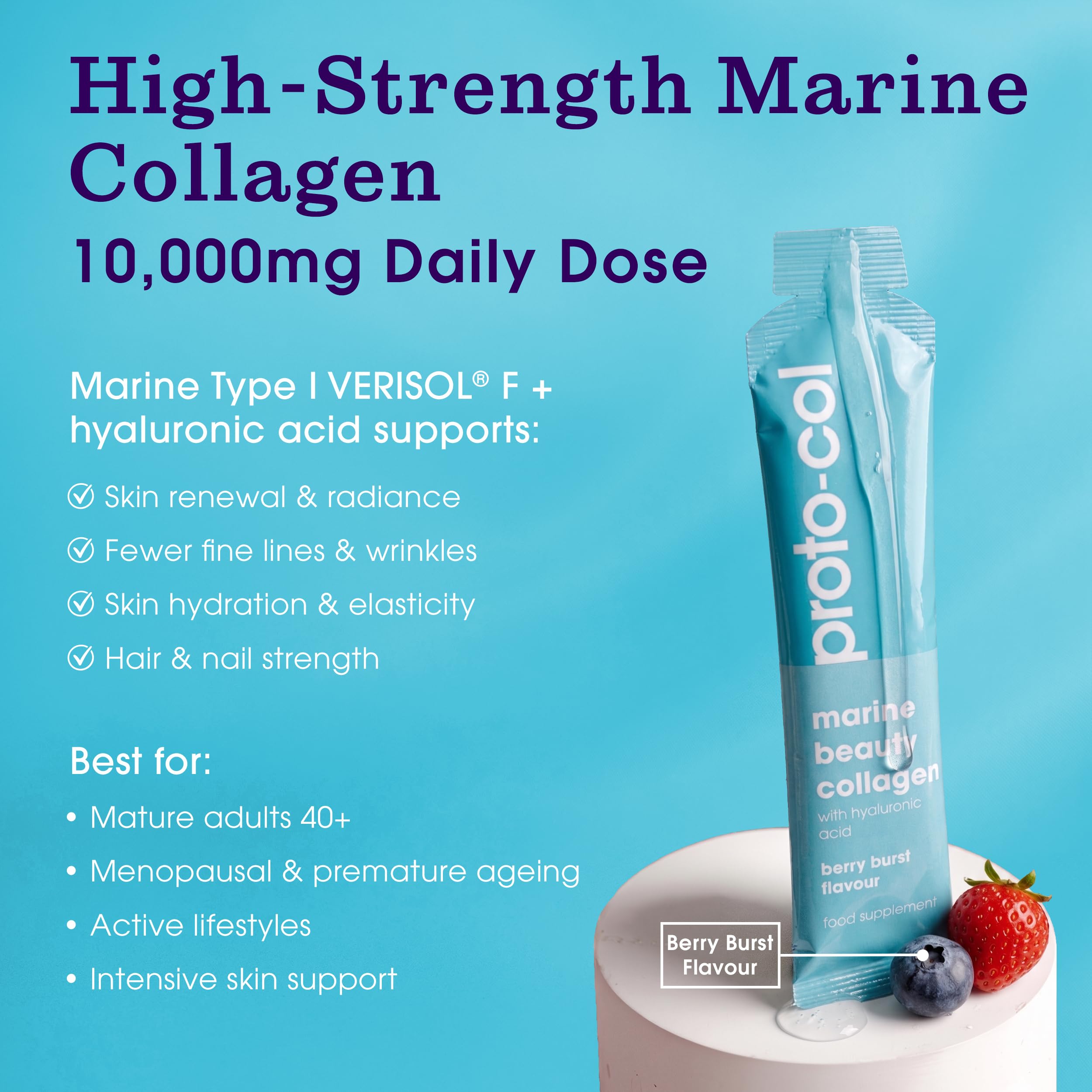 Proto-col Marine Beauty Collagen Liquid Sachets 10,000mg, Marine Collagen Supplement with Hyaluronic Acid, Vitamins for Skin, Hair and Nails, Delicious Red Berry Flavour, 15 Sachets Food Supplement