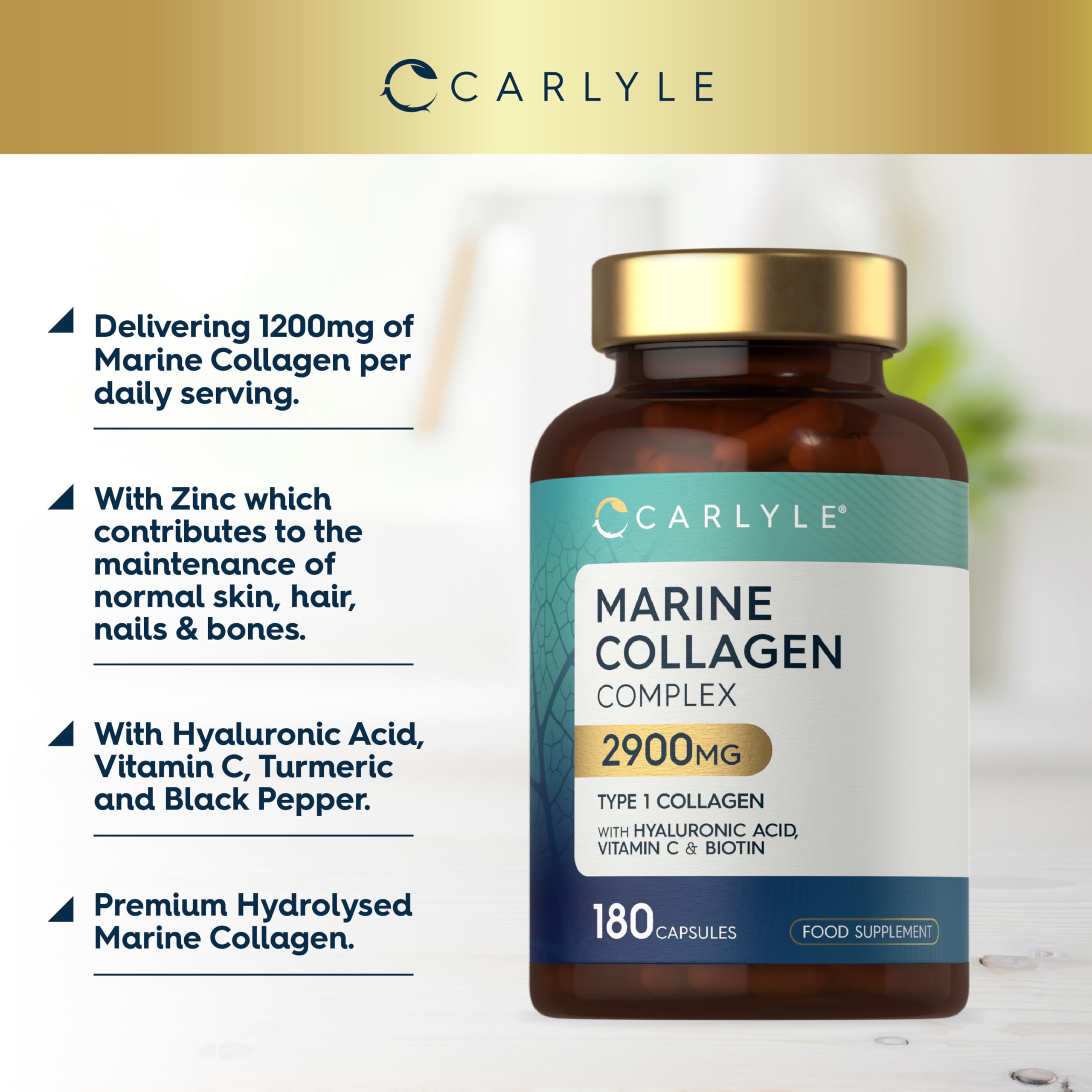 Marine Collagen Capsules 2900mg with Hyaluronic Acid | Type 1 Hydrolysed Peptides | 100% Marine Collagen | with Vitamin C, E, Biotin, Zinc, Turmeric Extract & Black Pepper | 180 Count | by Carlyle