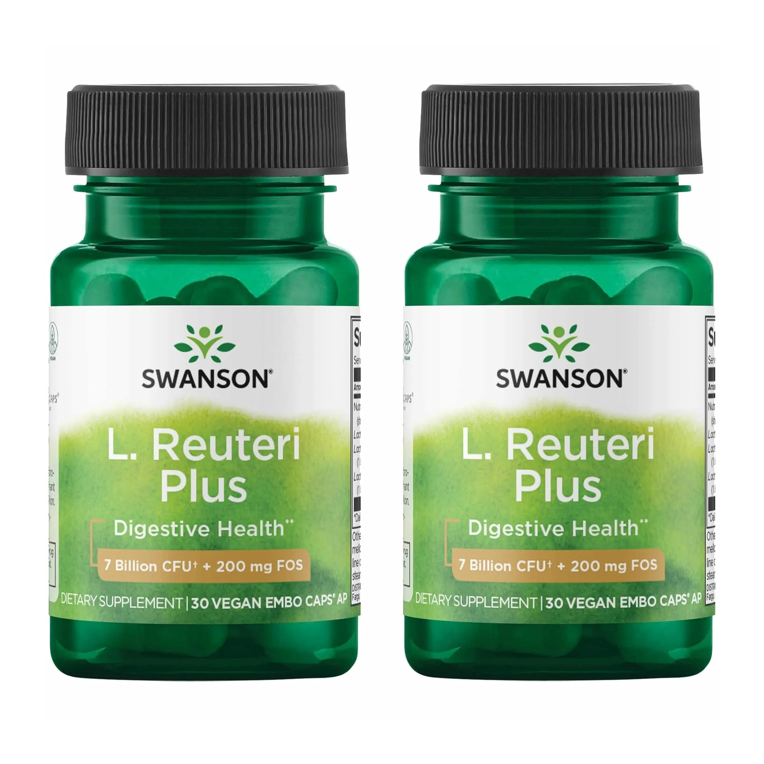 Swanson L. Reuteri Probiotic Plus with L. Rhamnosus, L. Acidophilus & FOS Prebiotic for Gut-Health-Conscious Adults - 7 Billion CFU (30 Vegan Capsules, 2 Pack)