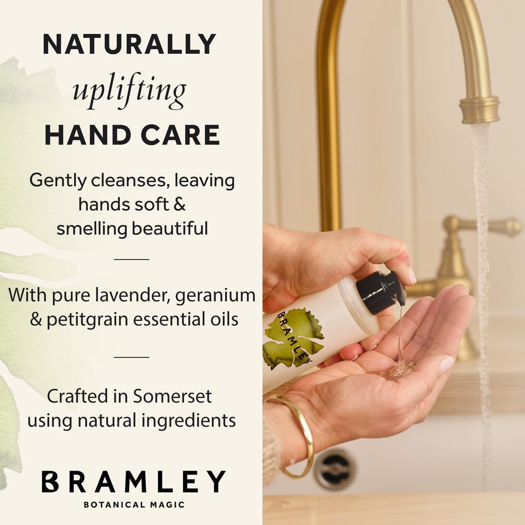 BRAMLEY Hand Wash, 250ml | Lavender, Geranium & Petitgrain Essential Oils | Natural Hand Wash with 100% Natural Fragance | Liquid Hand Soap | Vegan and Cruelty Free | Gift | Green living | Gift