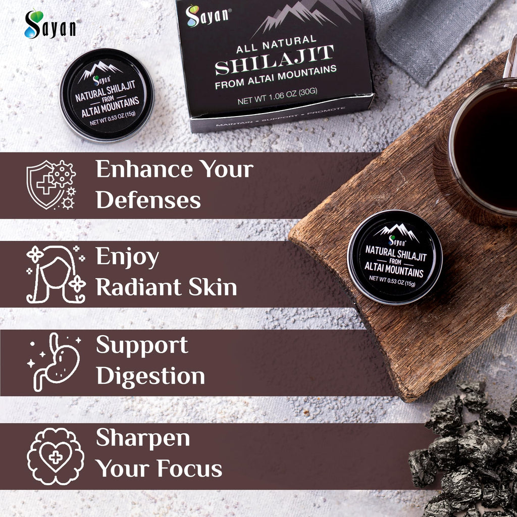 Sayan Pure Authentic Altai Shilajit Resin - 30 Grams, 4 Month Supply - High Efficacy Organic Fulvic Acid Supplement for Women and Men to Support Immune System, Energy, & Detox - Vegan, Non-GMO