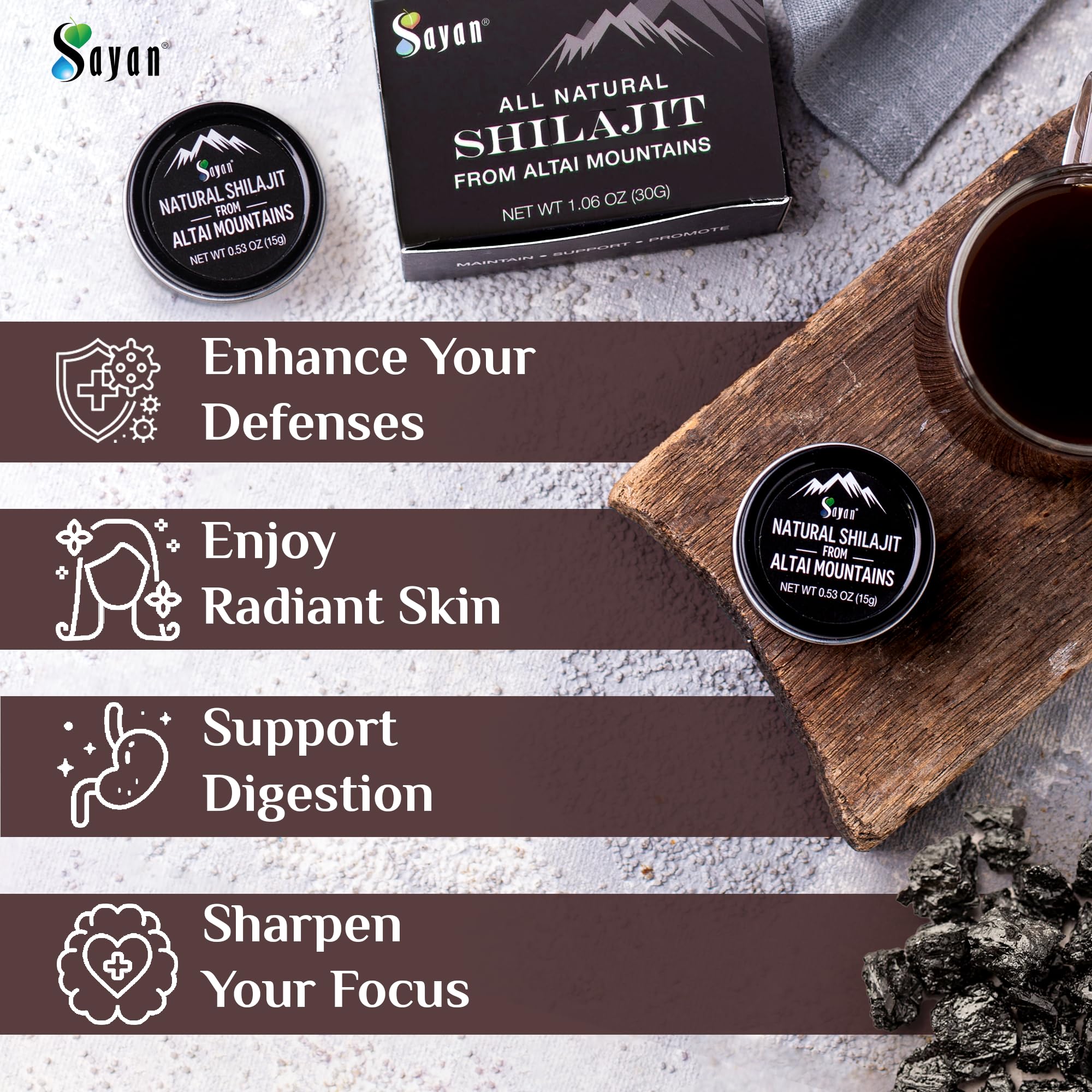 Sayan Pure Authentic Altai Shilajit Resin - 30 Grams, 4 Month Supply - High Efficacy Organic Fulvic Acid Supplement for Women and Men to Support Immune System, Energy, & Detox - Vegan, Non-GMO