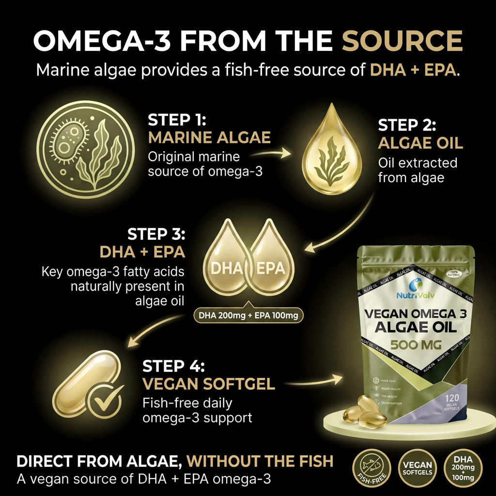 Vegan Omega 3 Algae Oil 500mg | 120 Vegan Softgels | DHA 200mg & EPA 100mg | Vegan Alternative to Omega 3 Fish Oil | Supports Eye, Brain & Heart Health | Essential Fatty Acid