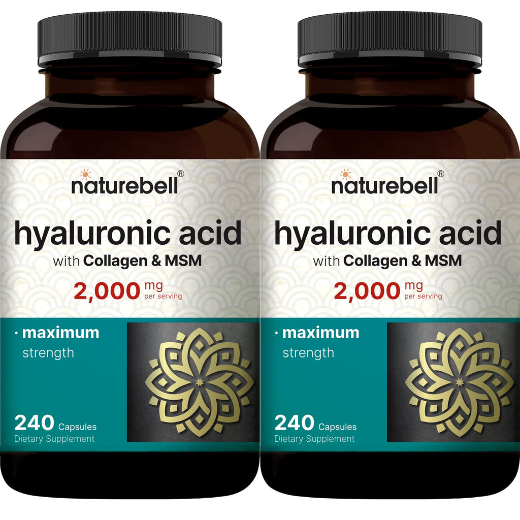 NatureBell 2 Pack Hyaluronic Acid Supplements 2,000 mg | 480 Total Capsules, with MSM & Hydrolyzed Bovine Collagen – 3 in 1 Support for Skin Hydration, Joint Lubrication, Hair, and Eye Health