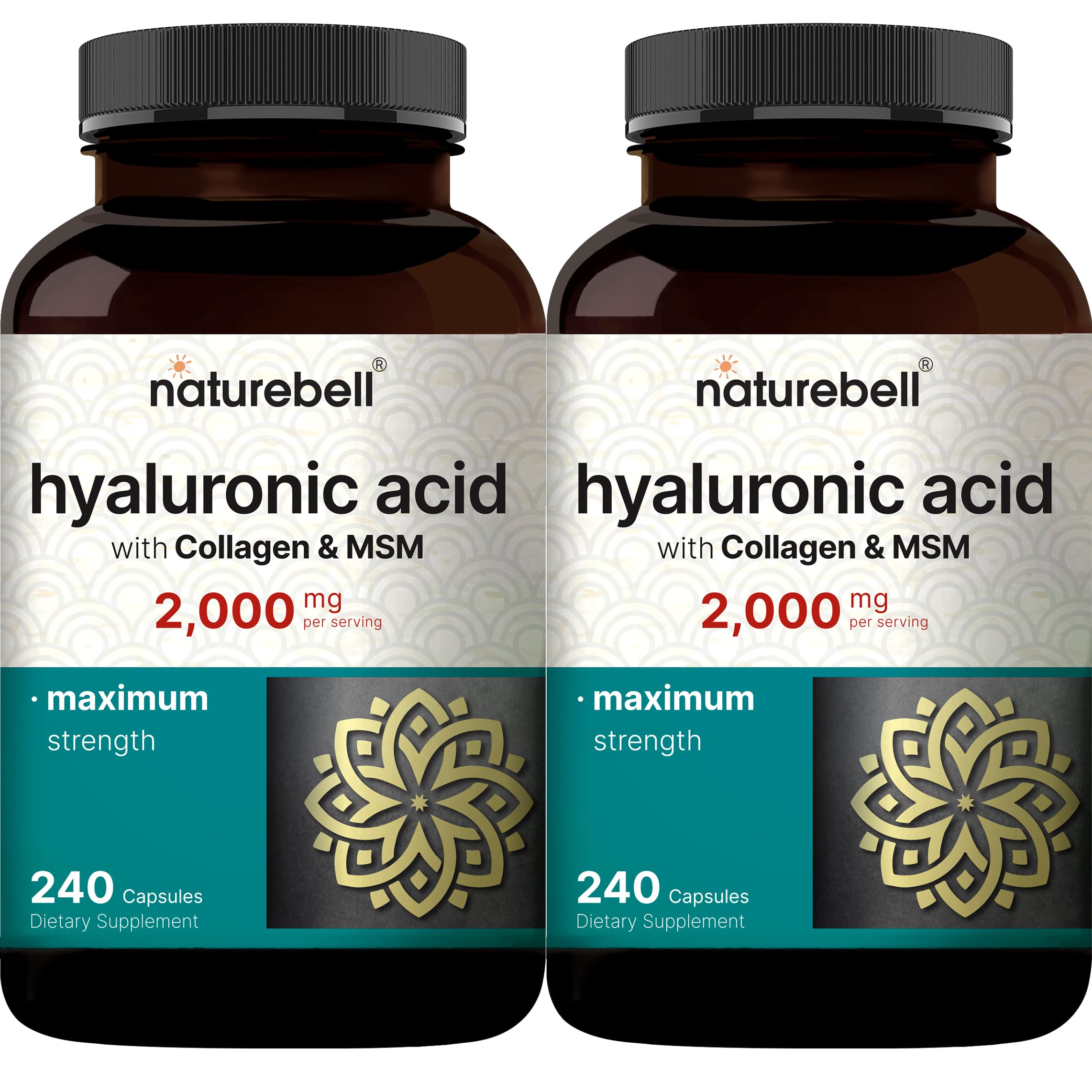NatureBell 2 Pack Hyaluronic Acid Supplements 2,000 mg | 480 Total Capsules, with MSM & Hydrolyzed Bovine Collagen – 3 in 1 Support for Skin Hydration, Joint Lubrication, Hair, and Eye Health