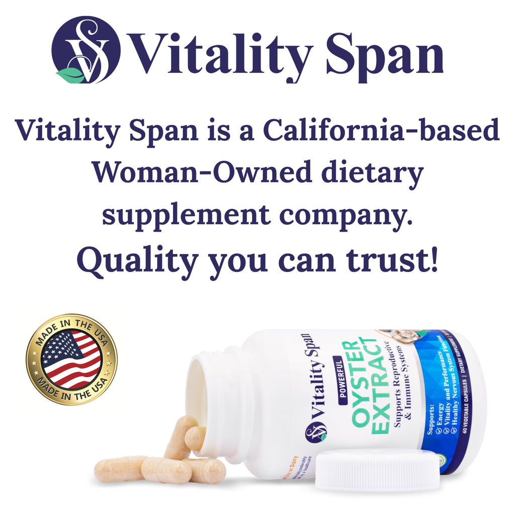 Vitality Span Oyster Extract - Pure, Highly Concentrated Supplement for Men & Women – Supports Energy & Immune Boost; Zinc, Taurine, Amino Acids, and Vitamins, 500 mg, 60 Veg Capsules, Made in USA