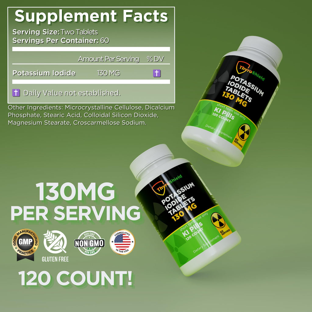 Potassium Iodide Tablets 130 mg | 120ct Two Pack | Iodine Tablets for Radiation Exposure - Potassium Iodine Pills - YODO Naciente - KI Pills - Made in USA - ThyroShield