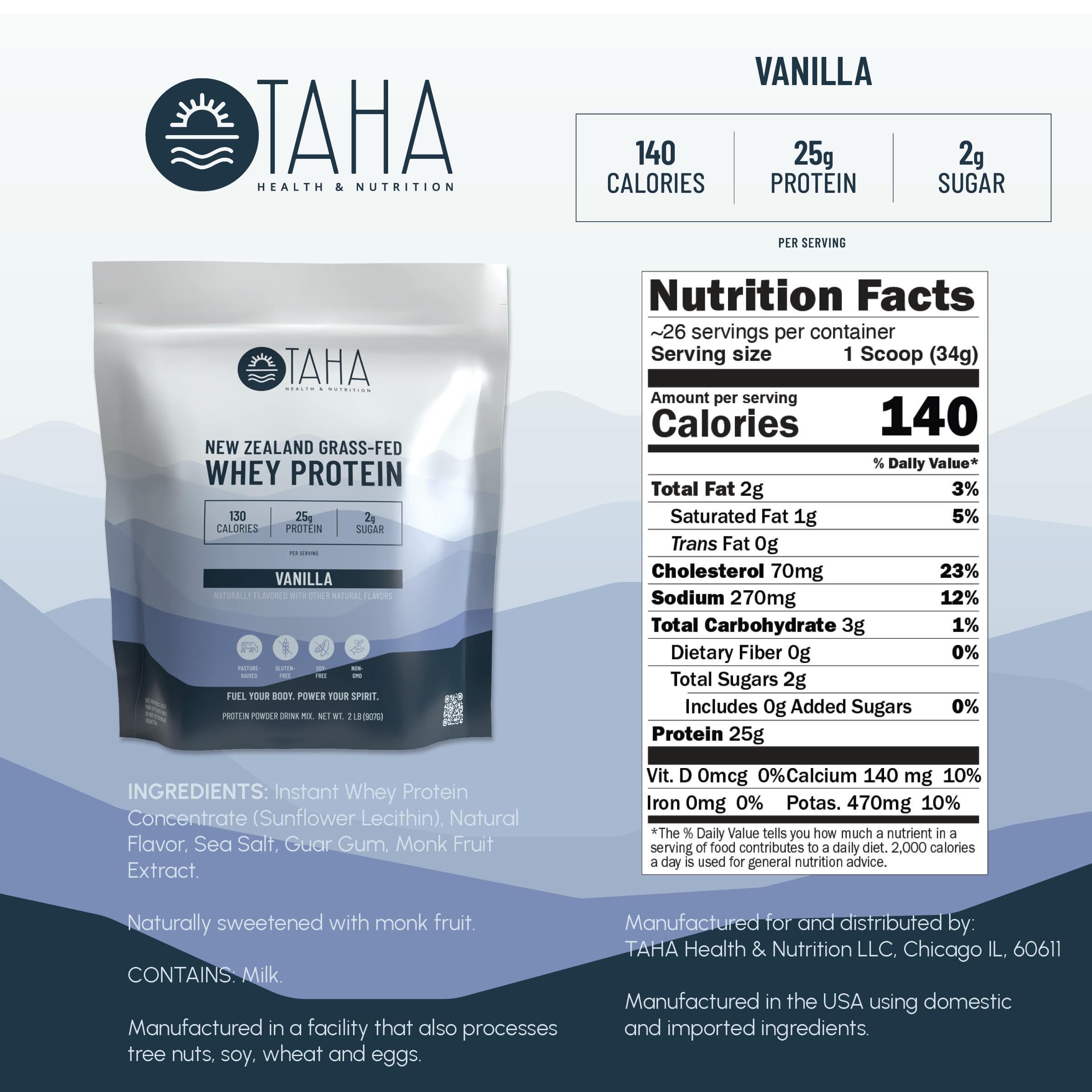 TAHA Vanilla Whey Protein Concentrate, 25g Protein, Grass-Fed, 2lb