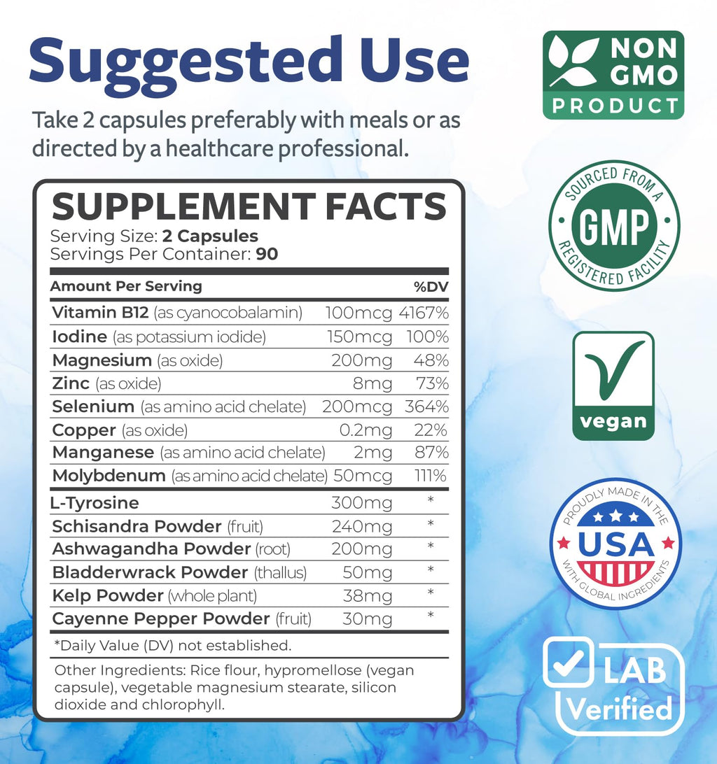 Thyroid Support with Iodine - 180 Capsules (Non-GMO) Improve Your Energy - Ashwagandha Root, Zinc, Selenium, Vitamin B12 Complex - Thyroid Health Supplement for Women and for Men - 90 Day Supply