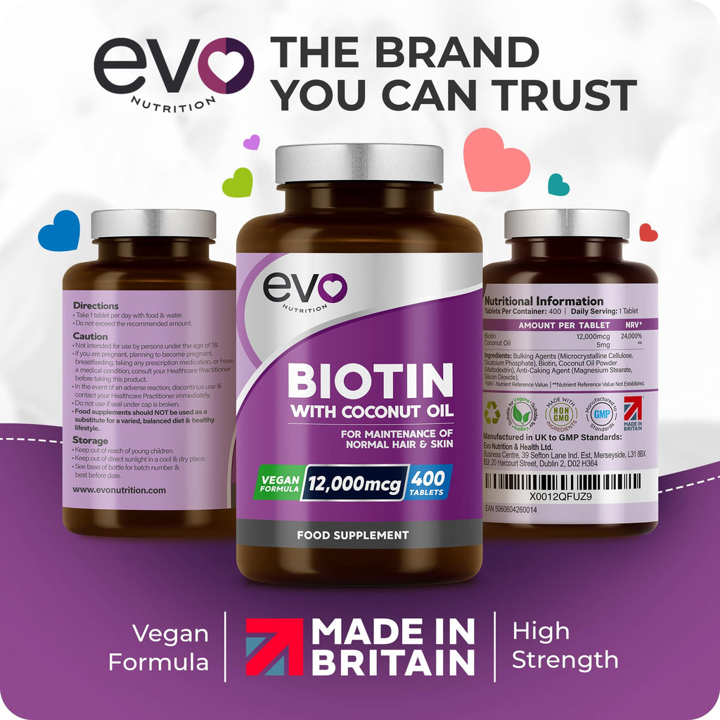 EVO Nutrition Biotin Hair Growth 12,000mcg with Coconut Oil, 400 Tablets