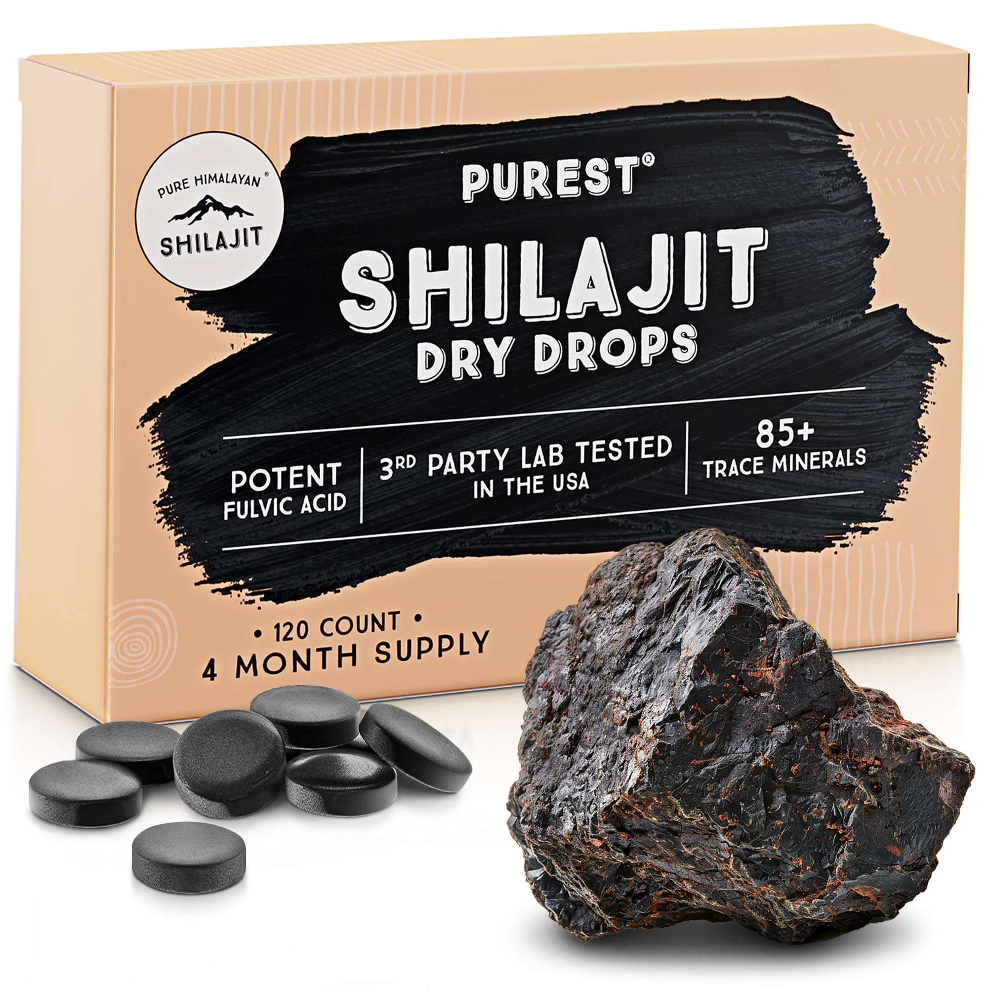 Pure Himalayan Shilajit | 100% Pure Natural Shilajit Grade A Max Potency 85+ Trace Minerals & Fulvic Acid | 3rd Party US Lab Tested | Dry Drops | 24g (120ct)