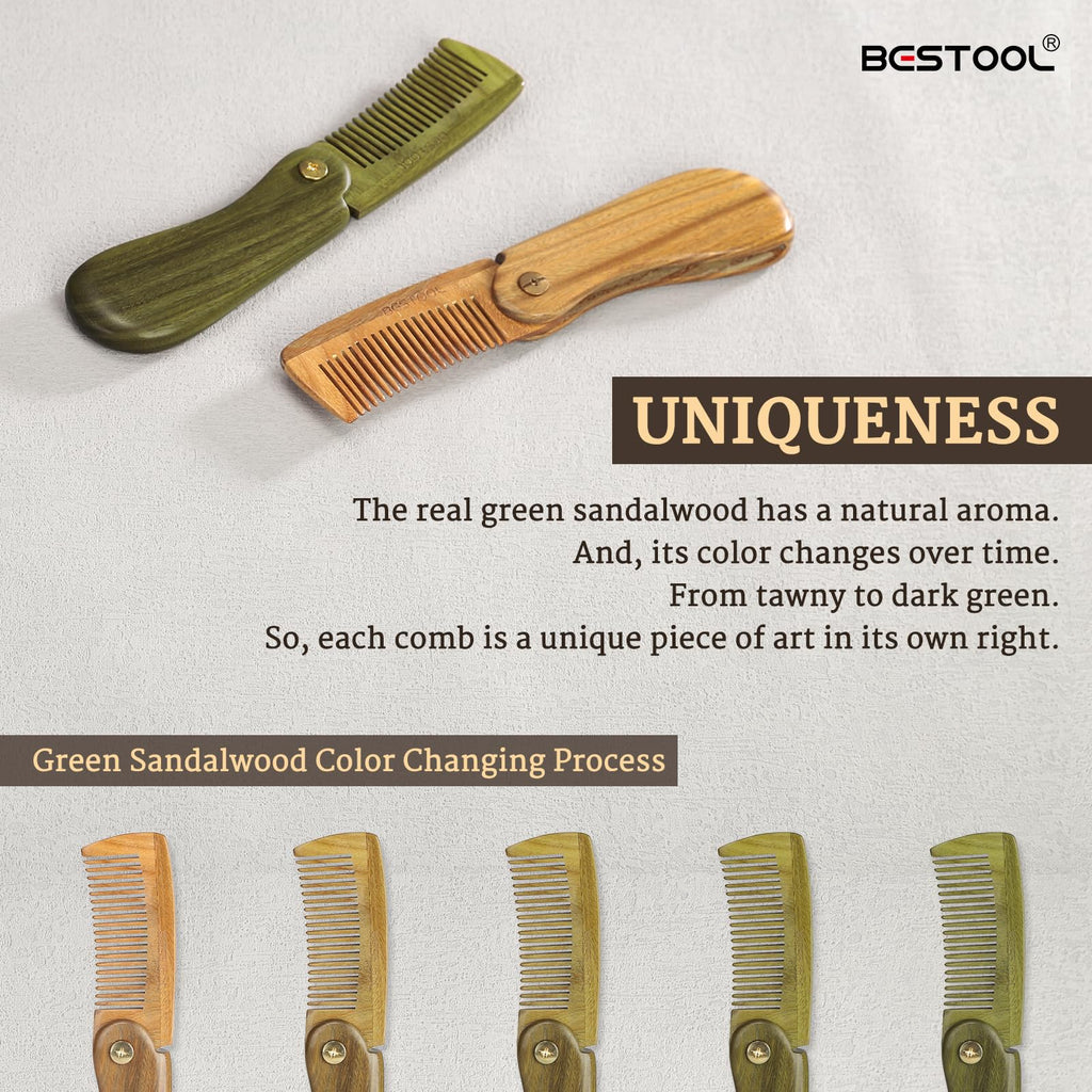 BESTOOL Foldable Green Sandalwood Comb for Men's Grooming & Combing Hair, Beards & Mustaches, Antistatic, Naturally Scented Detangling Comb