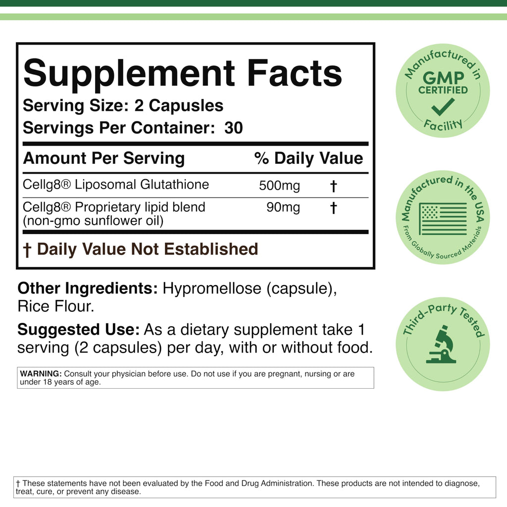 Liposomal Glutathione Supplement 500mg per Serving, 60 Capsules (Vegan Safe, Non-GMO) Max Absorption Liposomal Glutathione with Genuine Smell and Taste by Double Wood