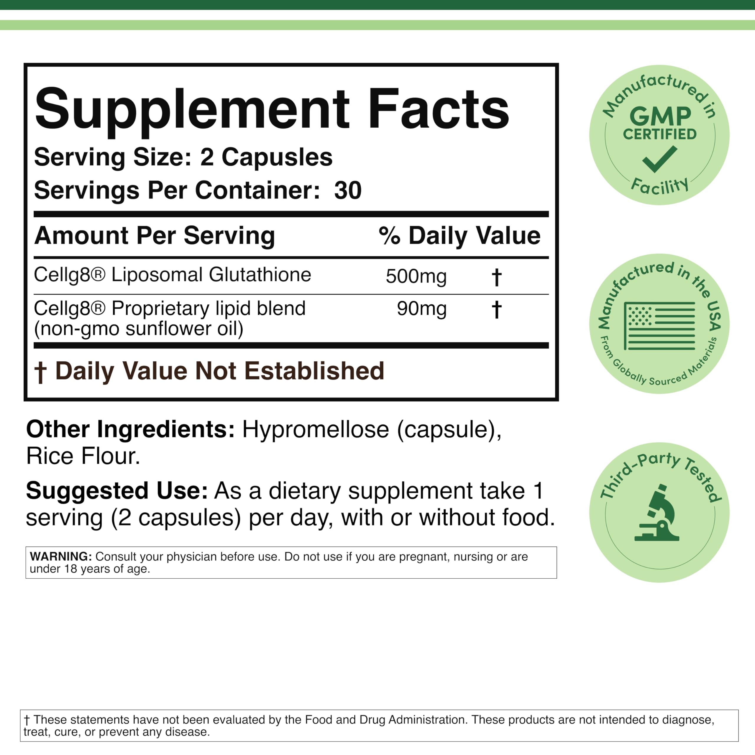 Liposomal Glutathione Supplement 500mg per Serving, 60 Capsules (Vegan Safe, Non-GMO) Max Absorption Liposomal Glutathione with Genuine Smell and Taste by Double Wood