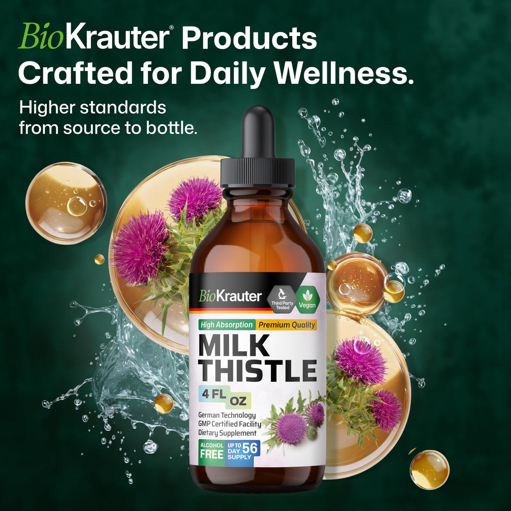 BIO KRAUTER® Milk Thistle Supplement for Liver Cleanse & Detox - Liquid Milk Thistle Extract Сontains Silymarin for Digestive Support 4 Fl.Oz - Alcohol & Sugar Free, 56 Days of Supply