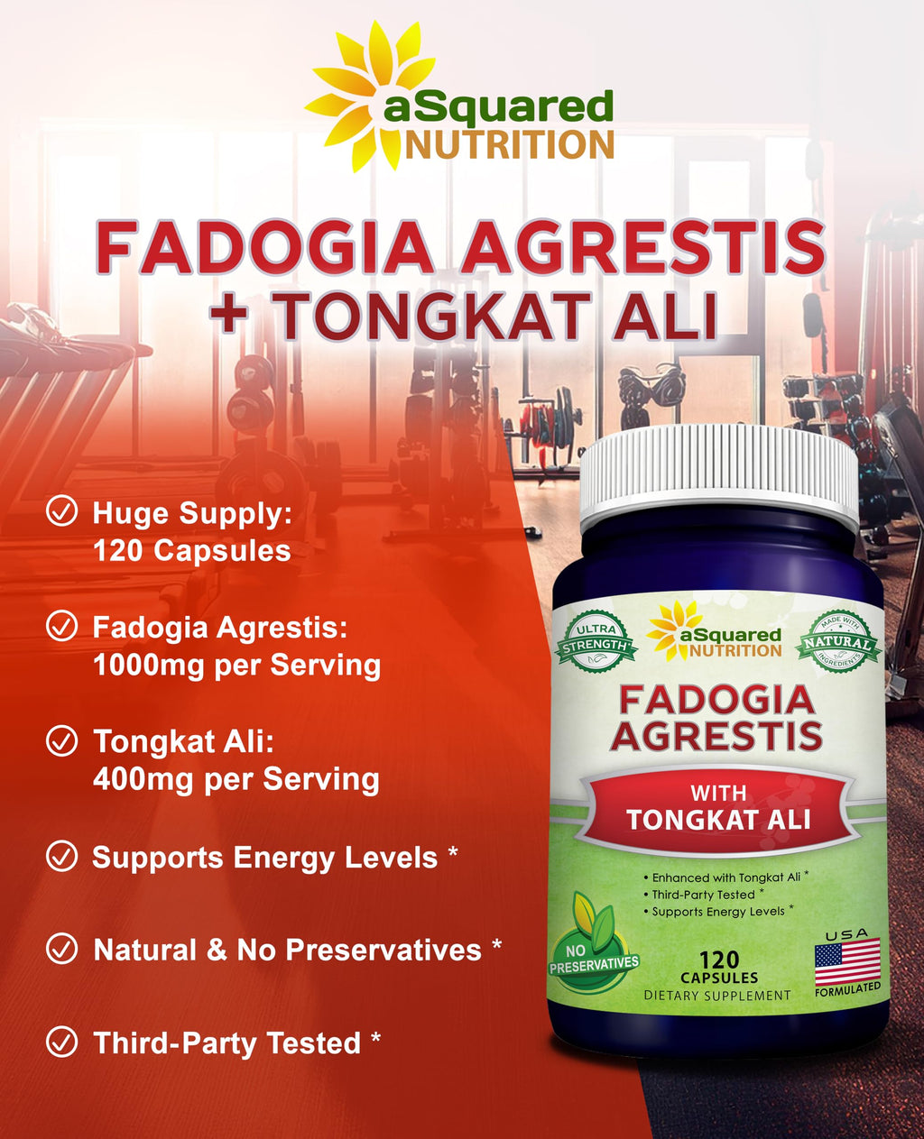 aSquared Nutrition Fadogia Agrestis 1000mg & Tongkat Ali 400mg - 120 Capsules - Fadogia Agrestis Extract Supplement and Powder Complex Pills