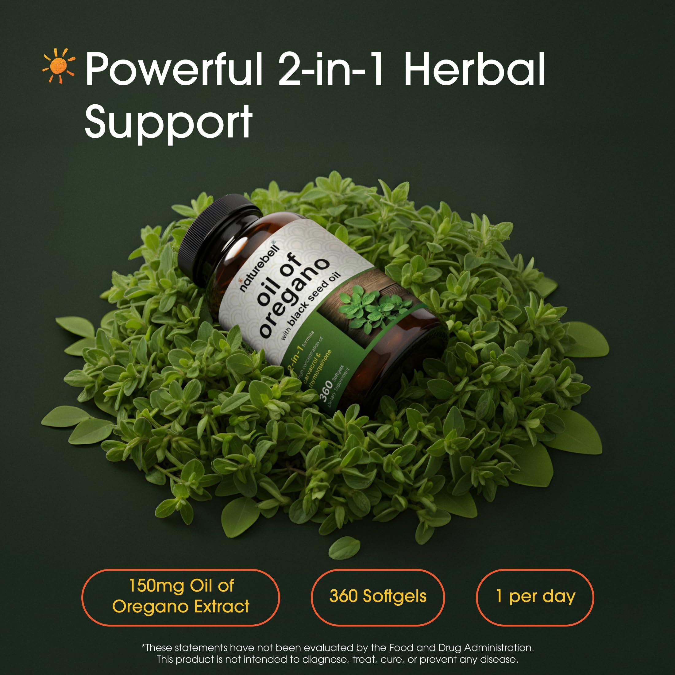 NatureBell Oil of Oregano with Black Seed Oil - 360 Softgels - 2-in-1 Herbal Complex for Immune Health* - Includes Carvacrol, Thymoquinone & Extra Virgin Olive Oil - Non-GMO