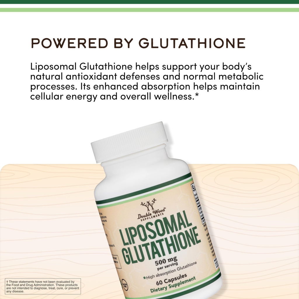 Liposomal Glutathione Supplement 500mg per Serving, 60 Capsules (Vegan Safe, Non-GMO) Max Absorption Liposomal Glutathione with Genuine Smell and Taste by Double Wood