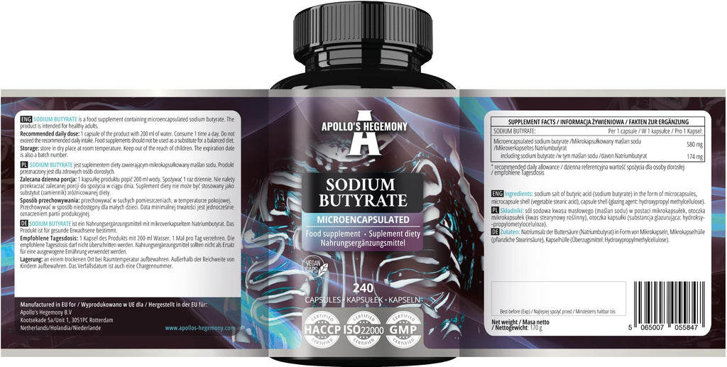 Sodium Butyrate High Dose 580 mg (30% Butyric Acid), 240 Vegan Capsules, 240 Days Supply, Sodium Supplement to Support Overal Gut Health - by Apollo's Hegemony