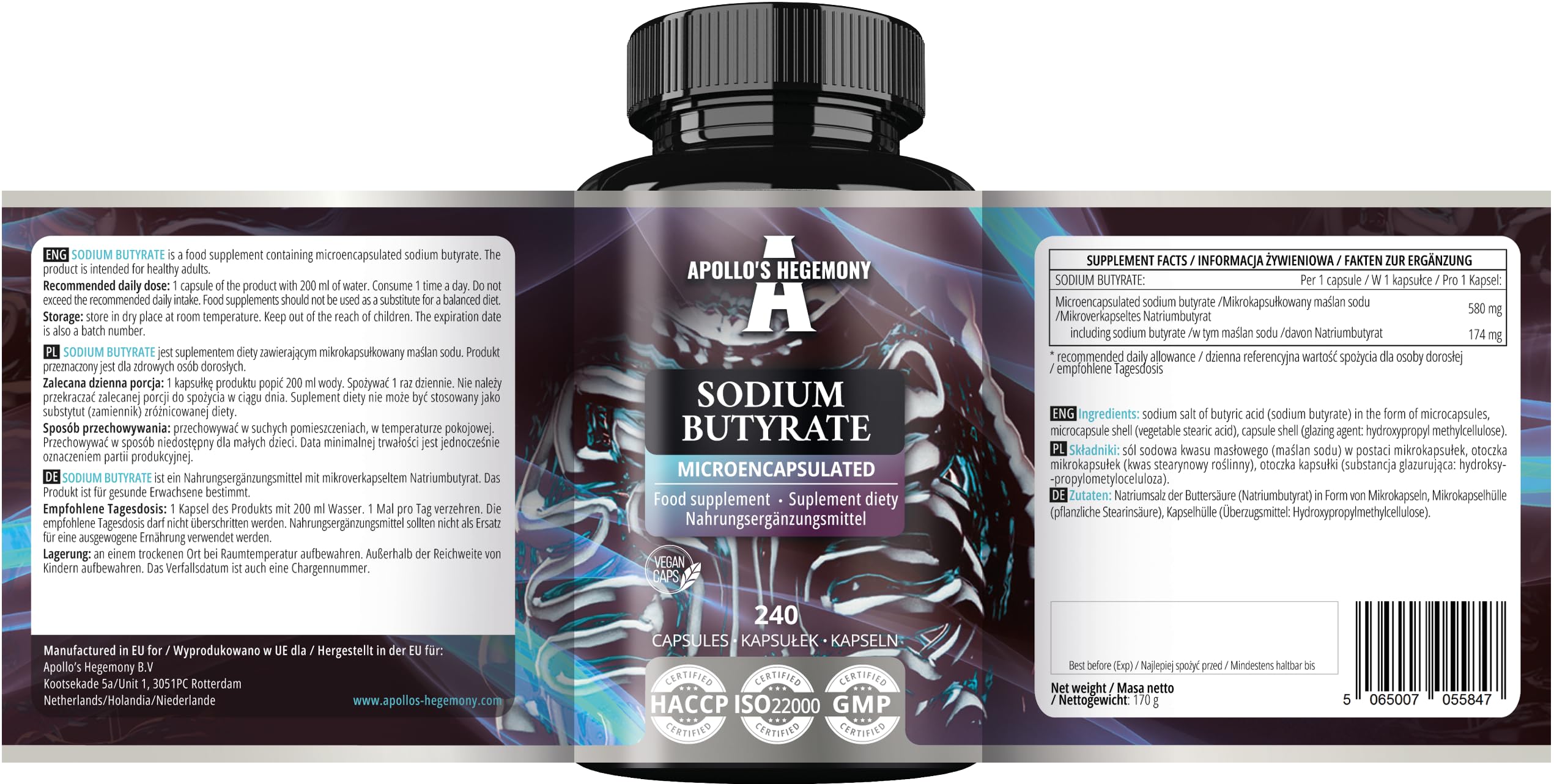 Sodium Butyrate High Dose 580 mg (30% Butyric Acid), 240 Vegan Capsules, 240 Days Supply, Sodium Supplement to Support Overal Gut Health - by Apollo's Hegemony