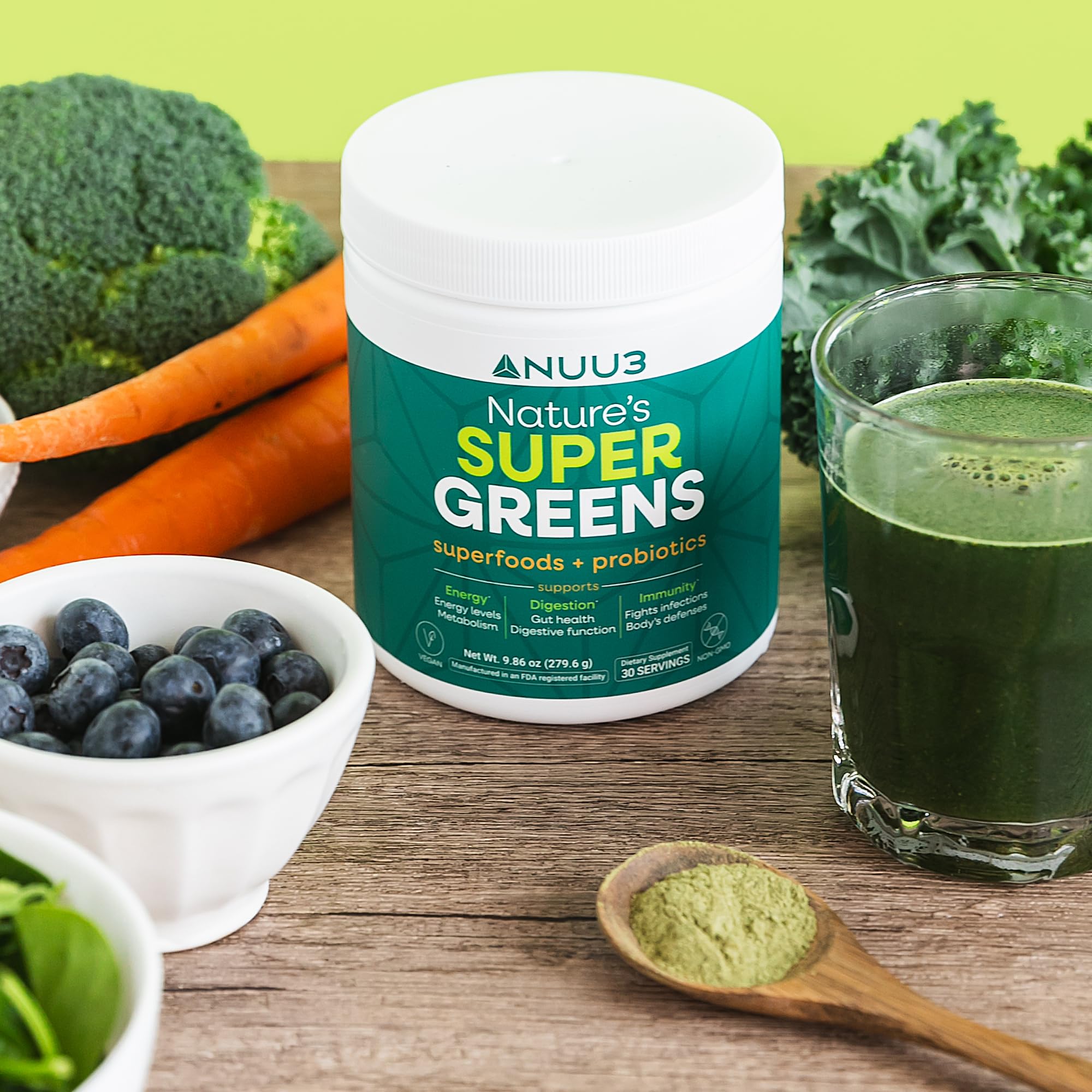 NUU3 Super Greens Superfoods + Probiotics - Immune Support, Improved Energy & Gut Health Digestive Enzymes - Boosts Immunity - 30 Servings (Unflavored)