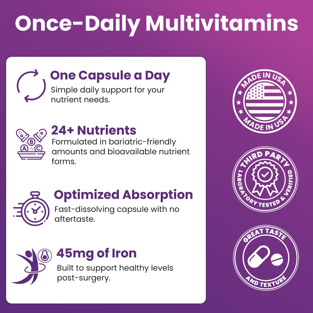 ProCare Health Bariatric Multivitamin with Iron 45mg (90 Capsules) with Reduced B12 - Post-Op Bariatric Vitamins for Gastric Bypass, Sleeve, Duodenal Switch, Sustain Recovery & Energy (3 Month Supply)