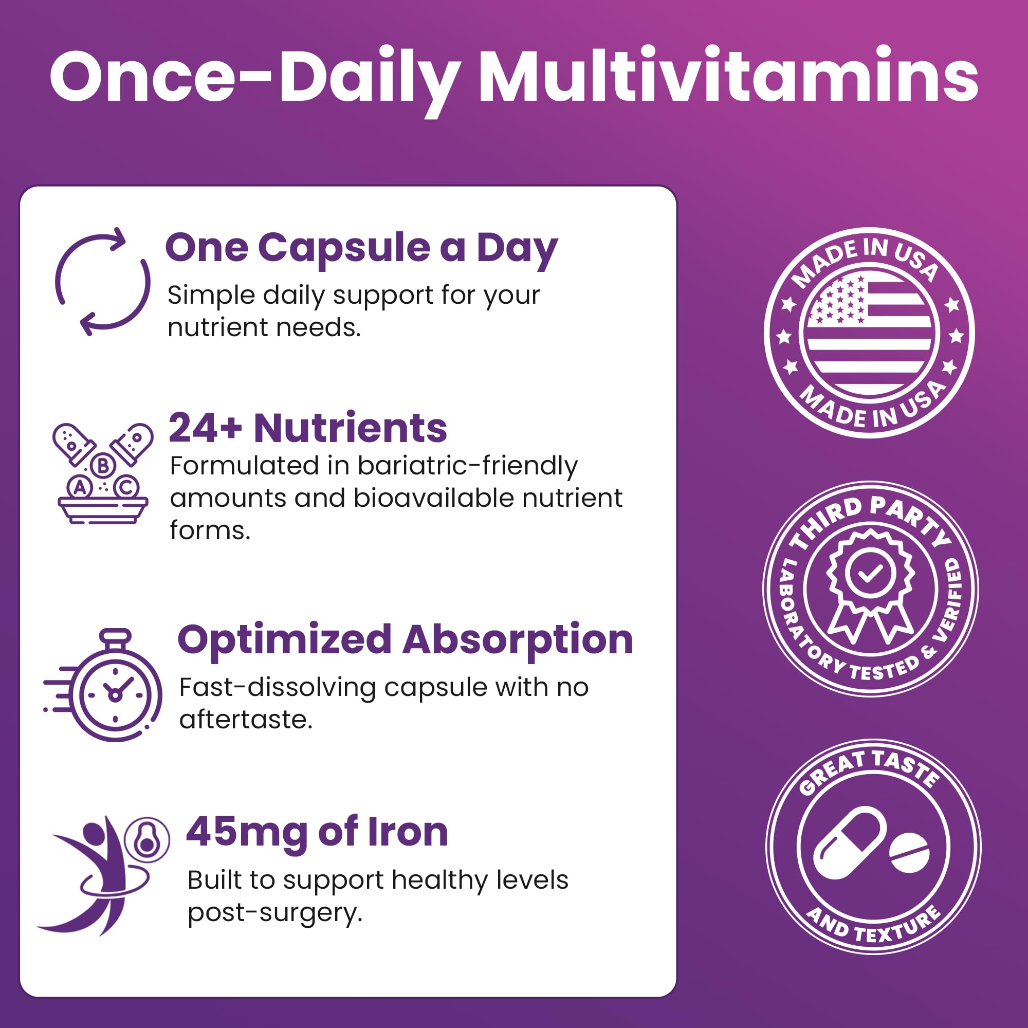 ProCare Health Bariatric Multivitamin with Iron 45mg (90 Capsules) with Reduced B12 - Post-Op Bariatric Vitamins for Gastric Bypass, Sleeve, Duodenal Switch, Sustain Recovery & Energy (3 Month Supply)