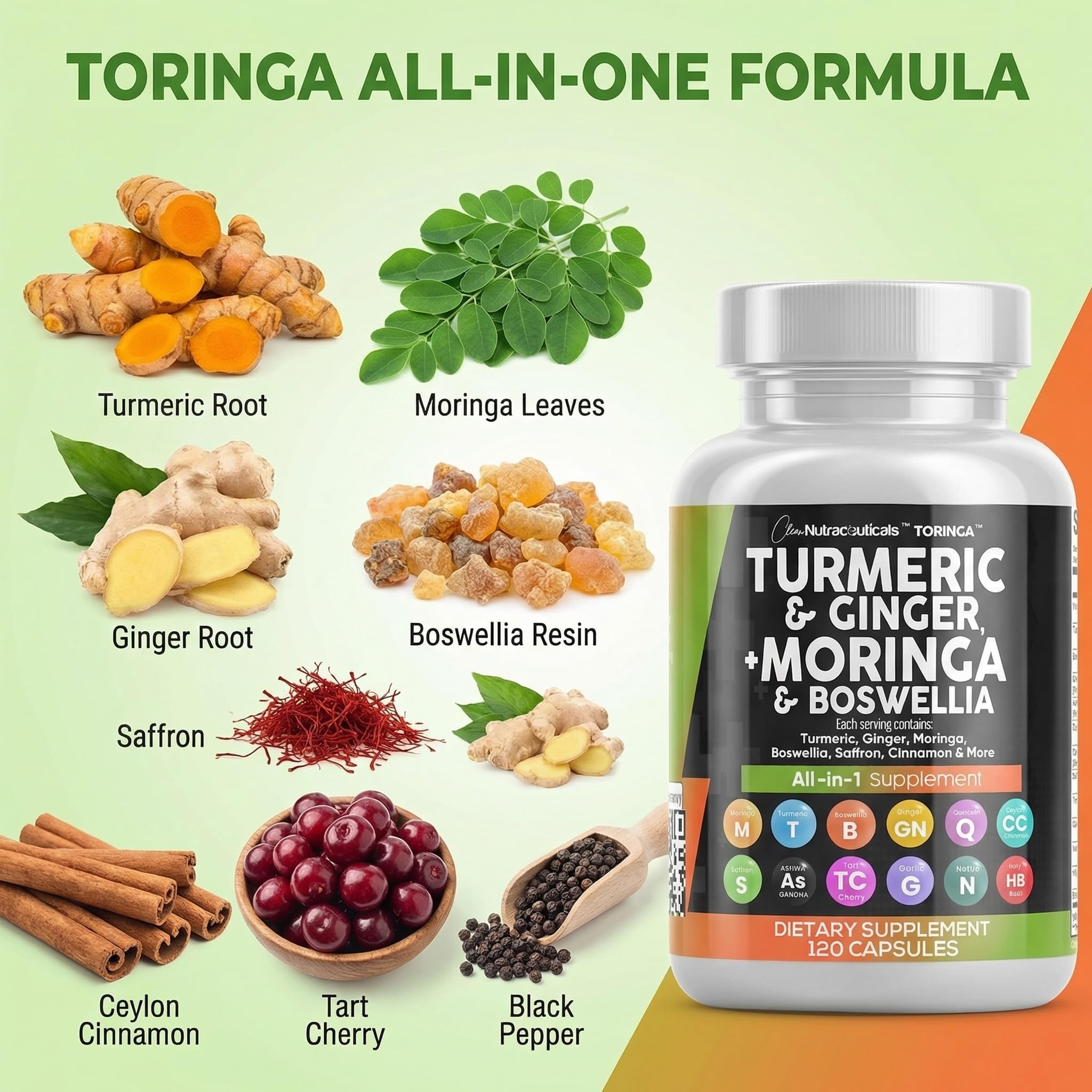 Clean Nutraceuticals Turmeric Moringa Supplement | Ginger Boswellia Saffron - Supplement for Women and Men with Ceylon Cinnamon, Tart Cherry, Quercetin Garlic Nettle Holy Basil - 1Pack