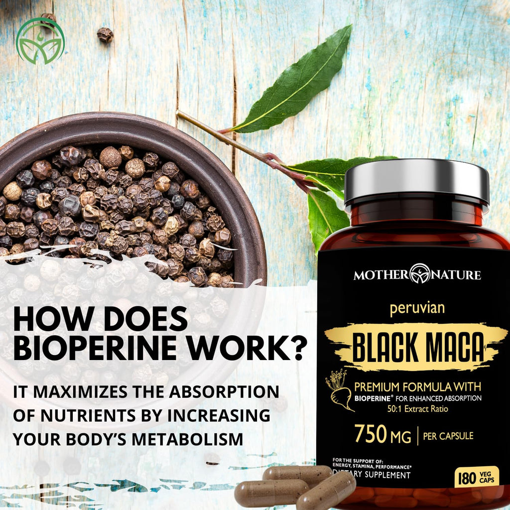 MNO Organic Raw Black Maca 750mg + BioPerine, Energy & Performance, 180ct