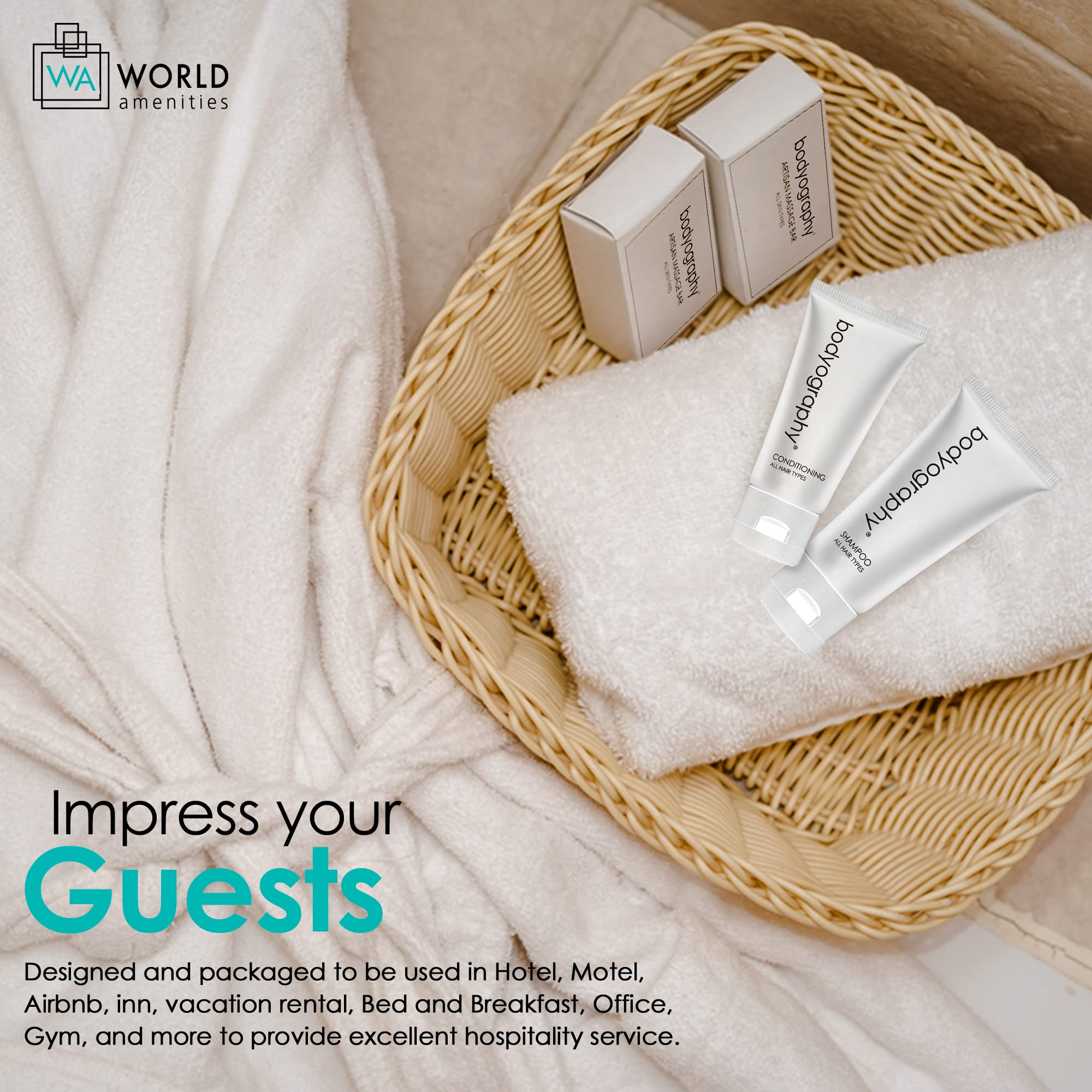 World Amenities - Bodyography Blanc- Bulk Artisan Massage Bar | 50 Count, 1.8 oz | Vanilla White Tea, Mini Travel Size Toiletries (100% Recyclable)| Individually Boxed Hotel Amenities.