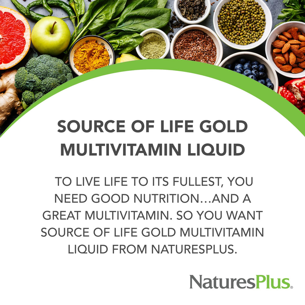 NaturesPlus Source of Life GOLD Multivitamin Liquid 30 oz - Supports Energy Production, Healthy Immune System & Well-Being - Includes Vitamins D3, B12, K2 & Over 120 Whole Food Nutrients - 30 Servings