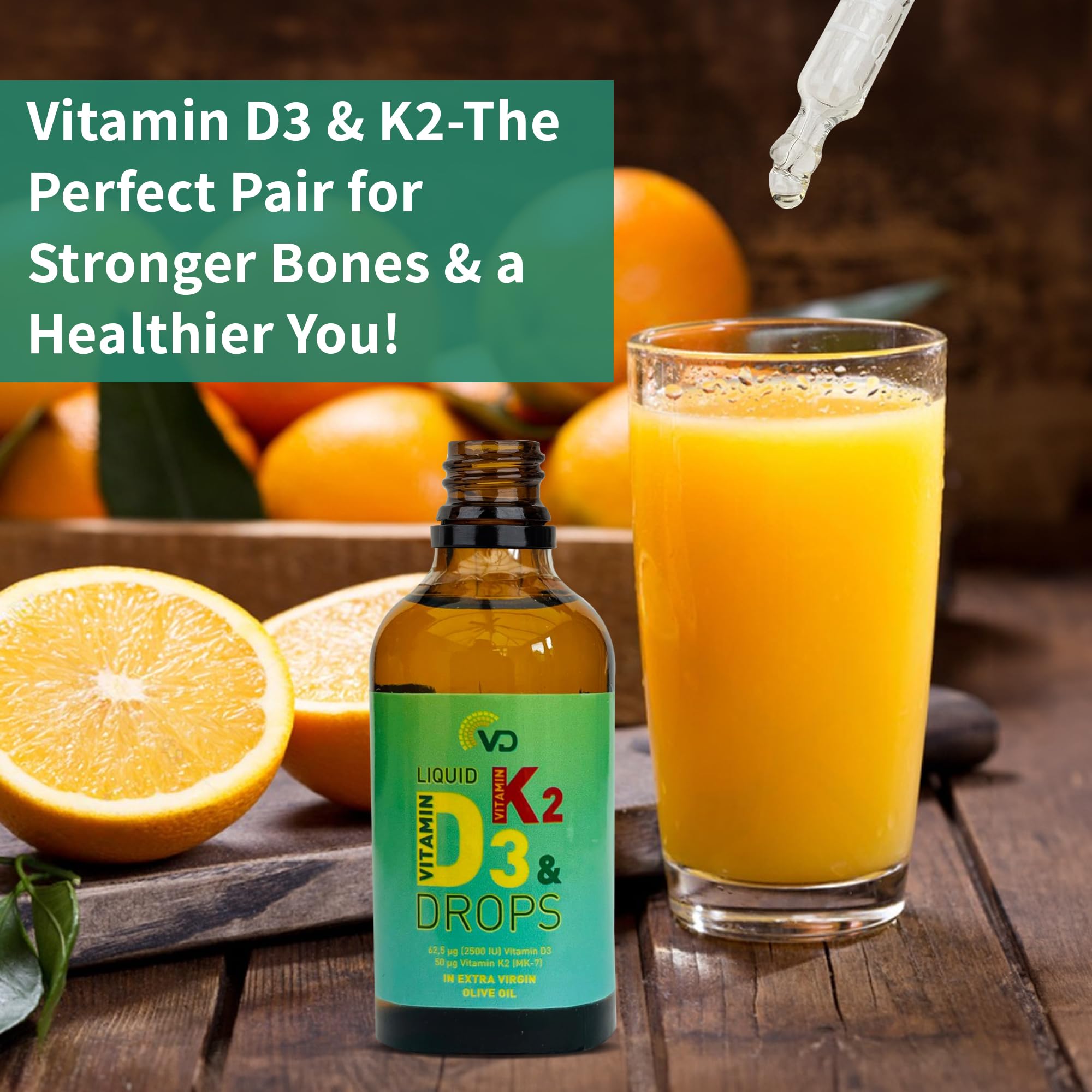 VD Liquid Vitamin D3 2500 IU & K2 MK-7 50 UG (50ml)-Optimal Absorption, High Strength, Vitamin Liquid Drops for Bones, Teeth, Muscle Function & Immune System Booster, Gluten Free, Vegan & Unflavoured