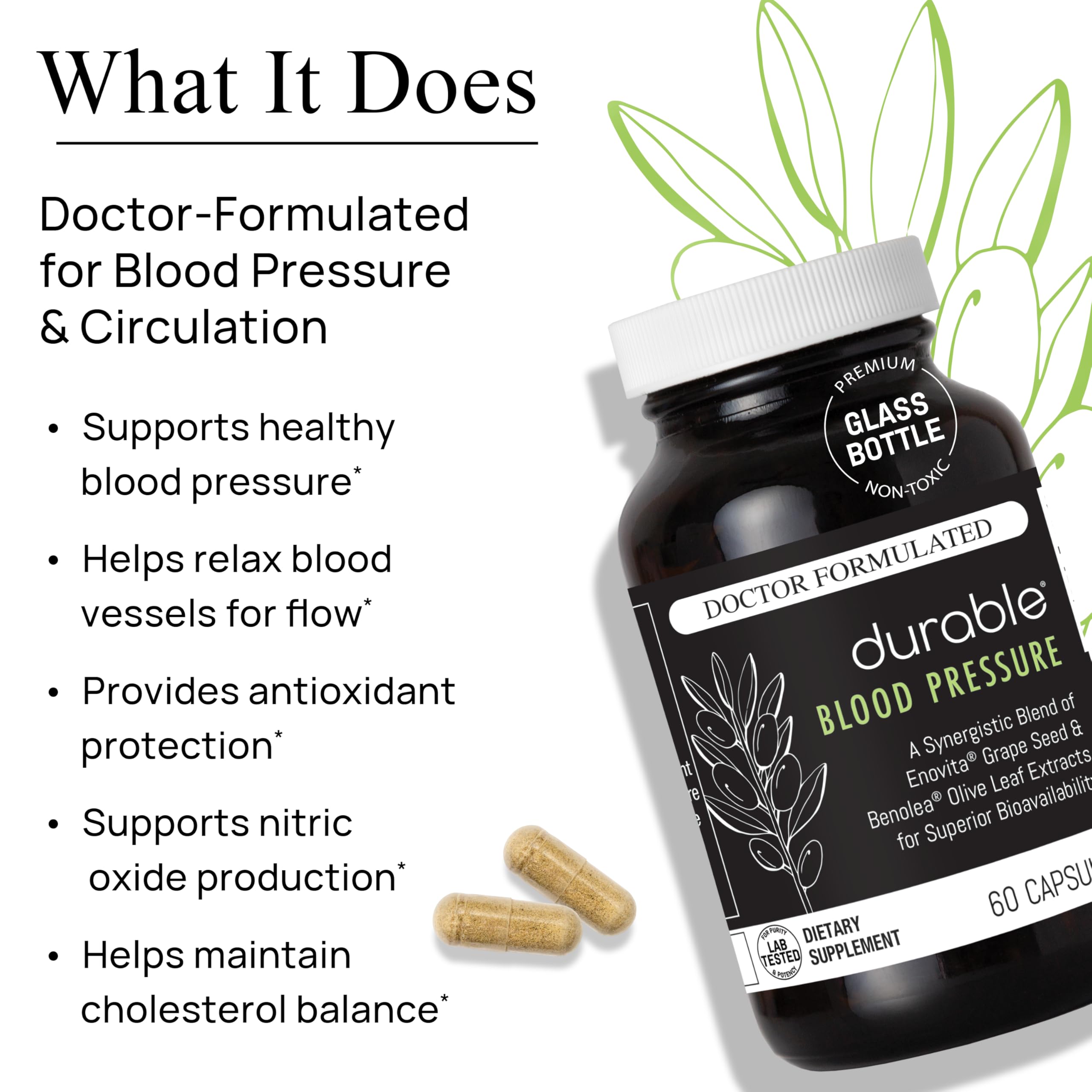 Durable Blood Pressure – Benolea Olive Leaf & Enovita Grape Seed Extract – Healthy Circulation, Nitric Oxide & Artery Support – Doctor Formulated, Vegan, Non-GMO, Made in USA (180 Capsules)