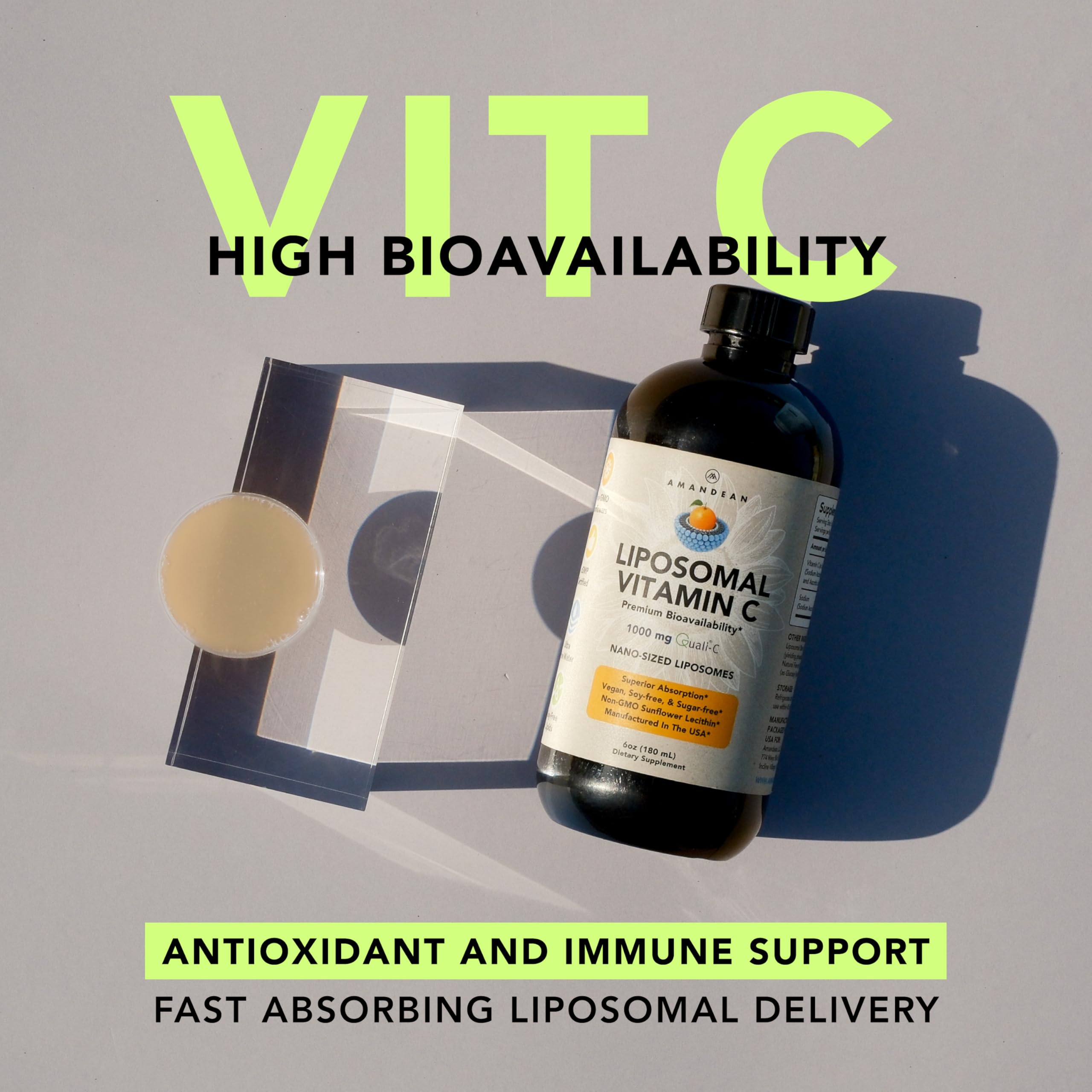 AMANDEAN Liposomal Vitamin C 1000mg. Liquid VIT C Supplement. Immune Support, Skin Health, Collagen Production. Fast Absorbing Antioxidant Delivery. Quali-C, Soy-Free, Vegan, Non-GMO.