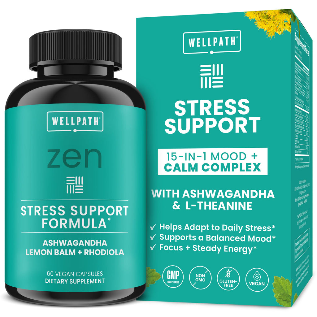WellPath Zen Stress Relief Supplement + Mood Support | Calm, Stress & Energy Support | Ashwagandha Root, Rhodiola Rosea, L-Theanine, Lemon Balm | Herbal Capsules, 60 Ct