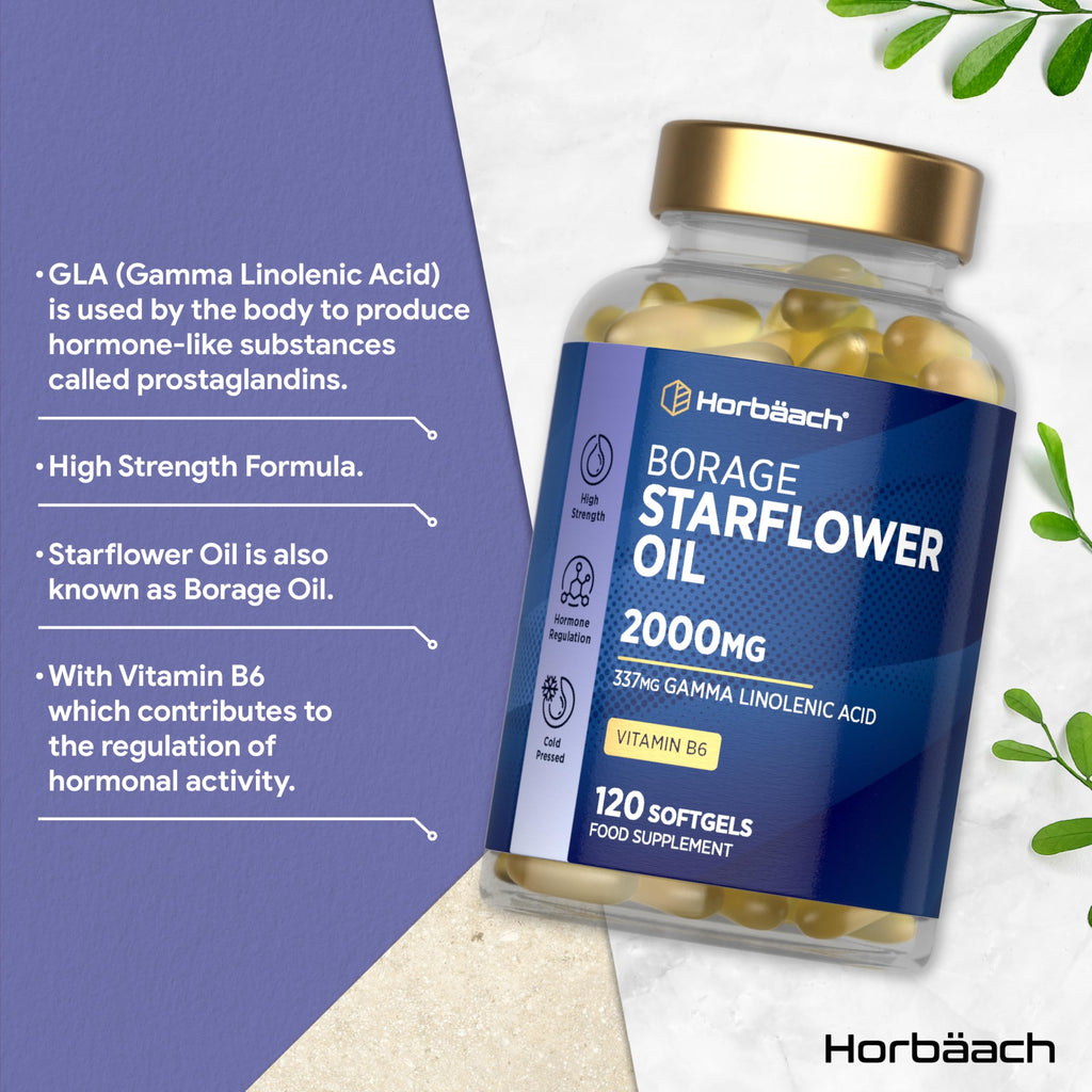 Starflower Oil Capsules 2000mg | High Strength GLA | Cold-Pressed Borage Oil with Vitamin B6 | Natural Source of Omega-6 | 120 Softgels | by Horbaach