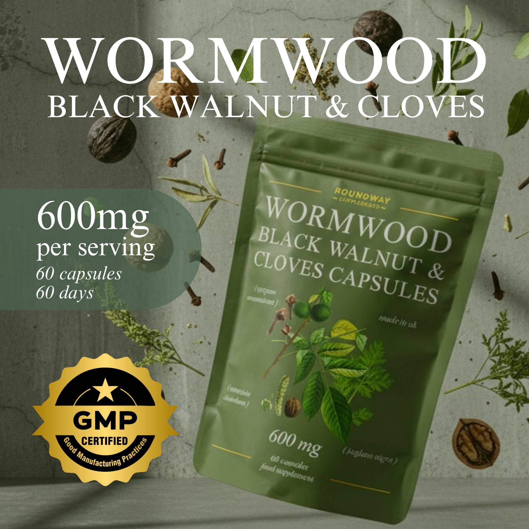 Roundway Supplements Wormwood Black Walnut Hull and Clove Capsules | High Strength Cleanse for Humans. 2 Months Supply | 60 Capsules, 600mg. Gluten-Free and Non-GMO. Vegan Supplement (Pack of 1)