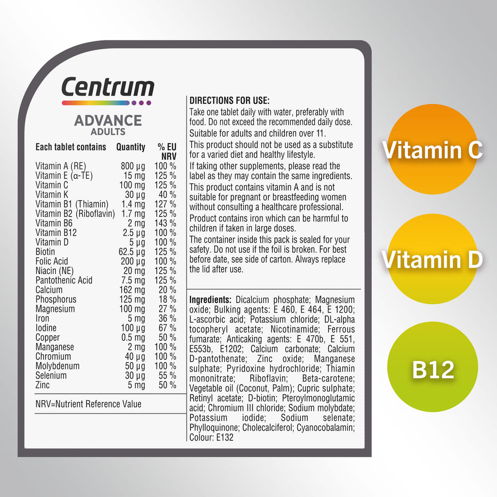 Centrum Advance Multivitamin & Mineral Supplements, 24 Essential nutrients Including Vitamin D, C, Calcium, Daily Multivitamin Tablets, 100ct (Packaging May Vary)