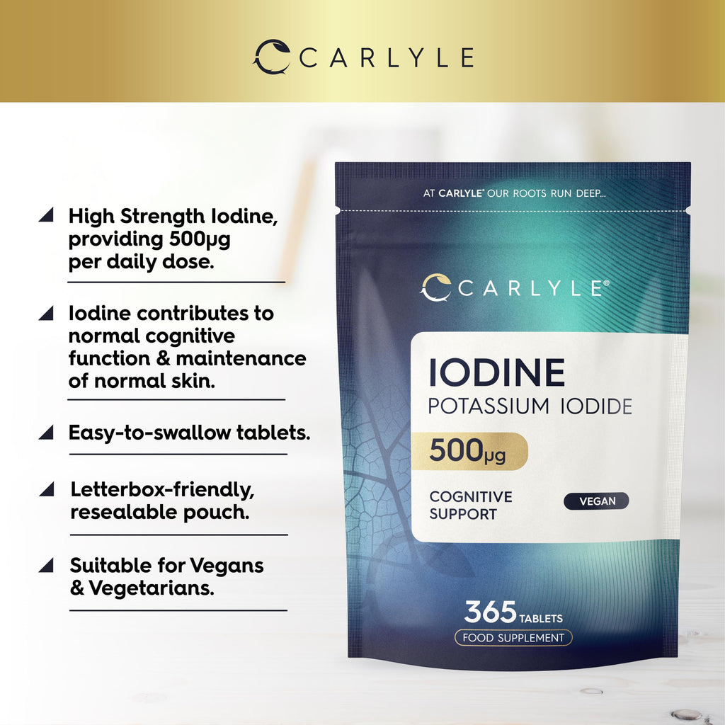 Iodine Tablets 500mcg | 365 Vegan Tablets - 1 Year Supply | High Strength Potassium Iodide Supplement | Trace Mineral | Carlyle