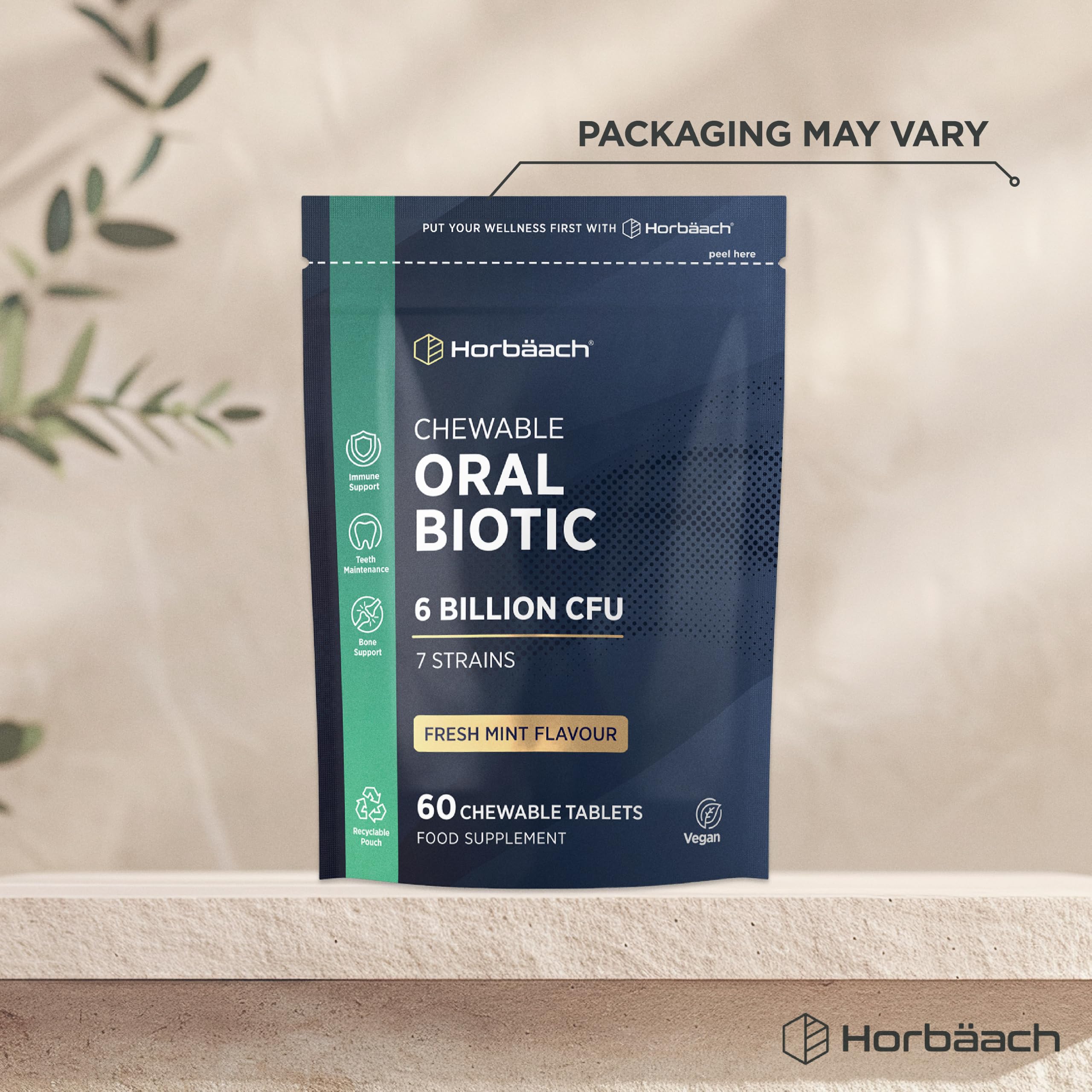 Oral Biotic for Mouth 6 Billion CFU | Advanced Dental Biotics for Adults | 7 Strains Including Lactobacillus Reuteri | 60 Vegan Chewable Tablets | Mint Flavour | by Horbaach